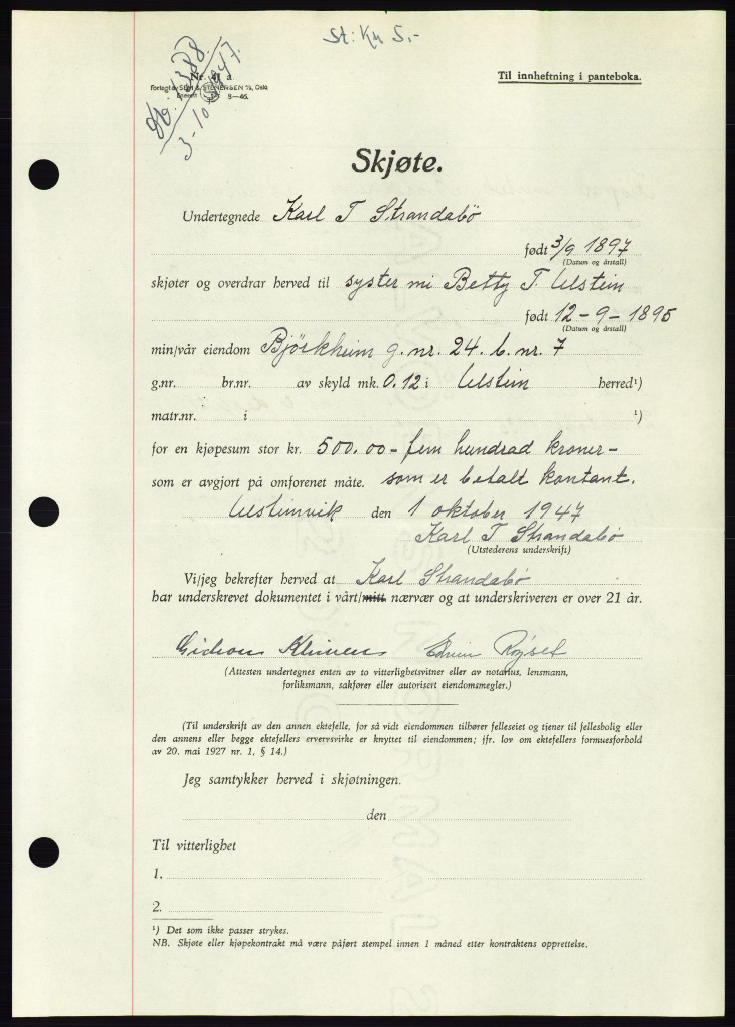 Søre Sunnmøre sorenskriveri, AV/SAT-A-4122/1/2/2C/L0081: Mortgage book no. 7A, 1947-1948, Diary no: : 1388/1947