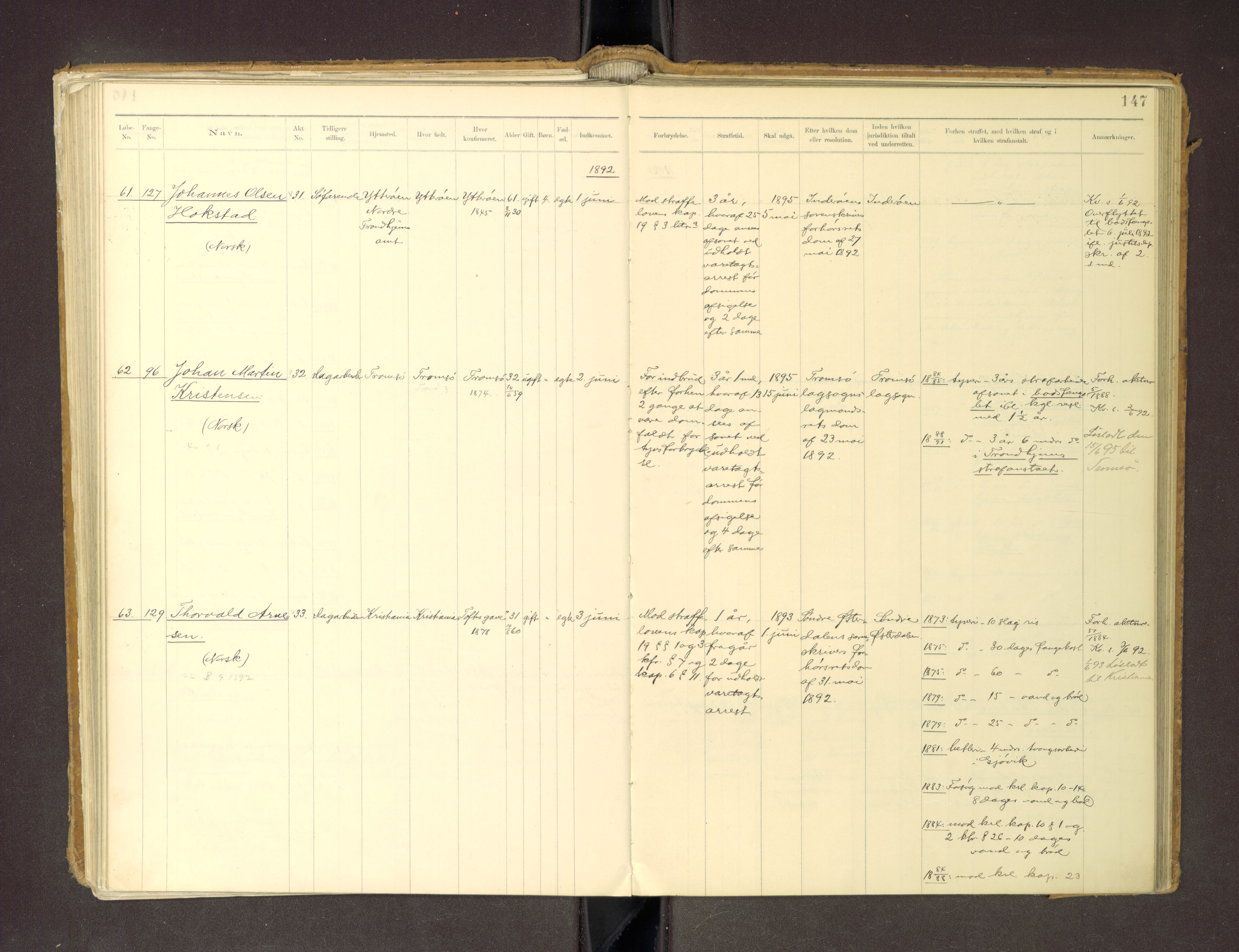 Trondheim tukthus, SAT/A-4619/05/65/L0036: 65.36 Fangeprotokoll m/reg, 1885-1898, p. 147