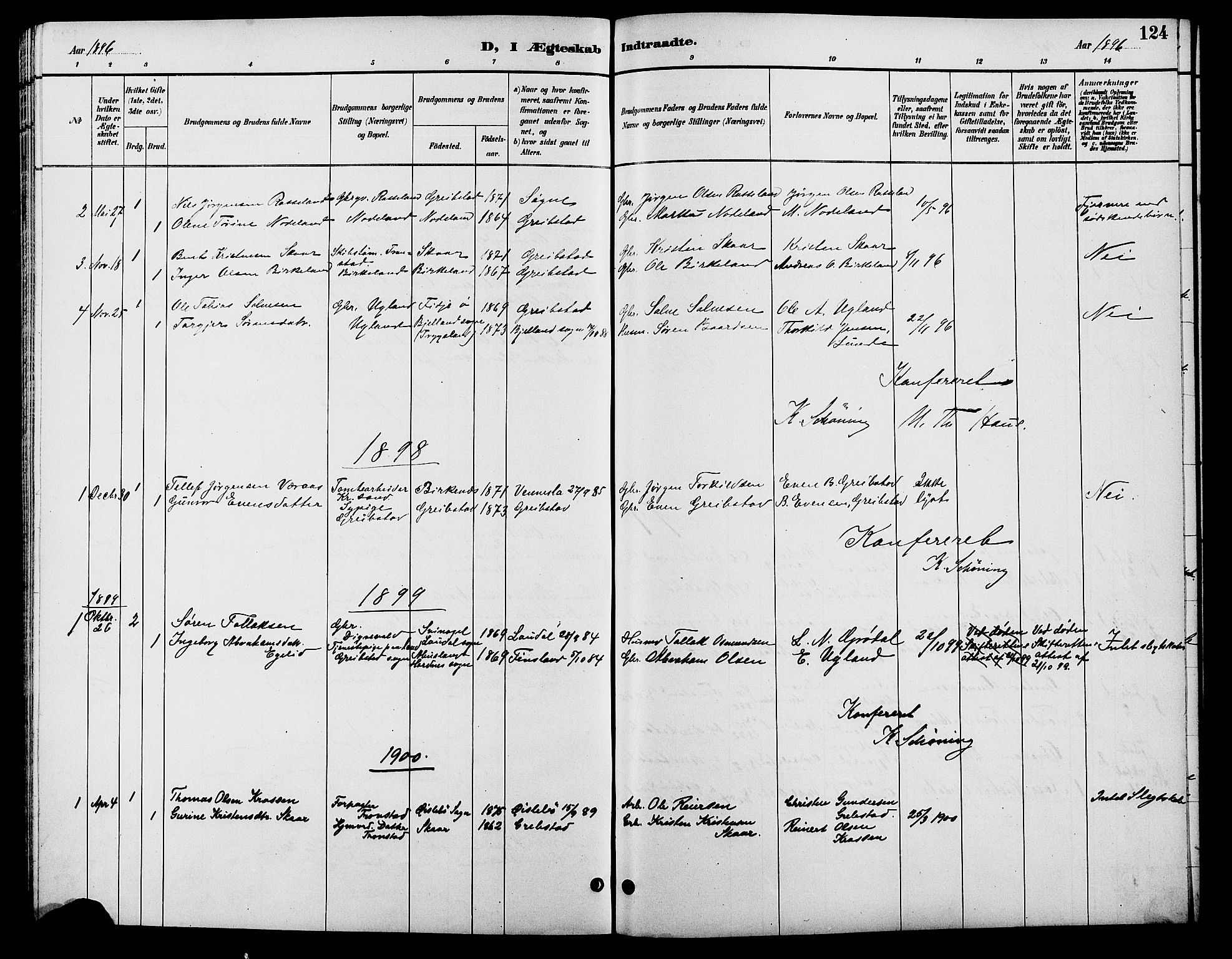 Søgne sokneprestkontor, SAK/1111-0037/F/Fb/Fba/L0004: Parish register (copy) no. B 4, 1888-1903, p. 124