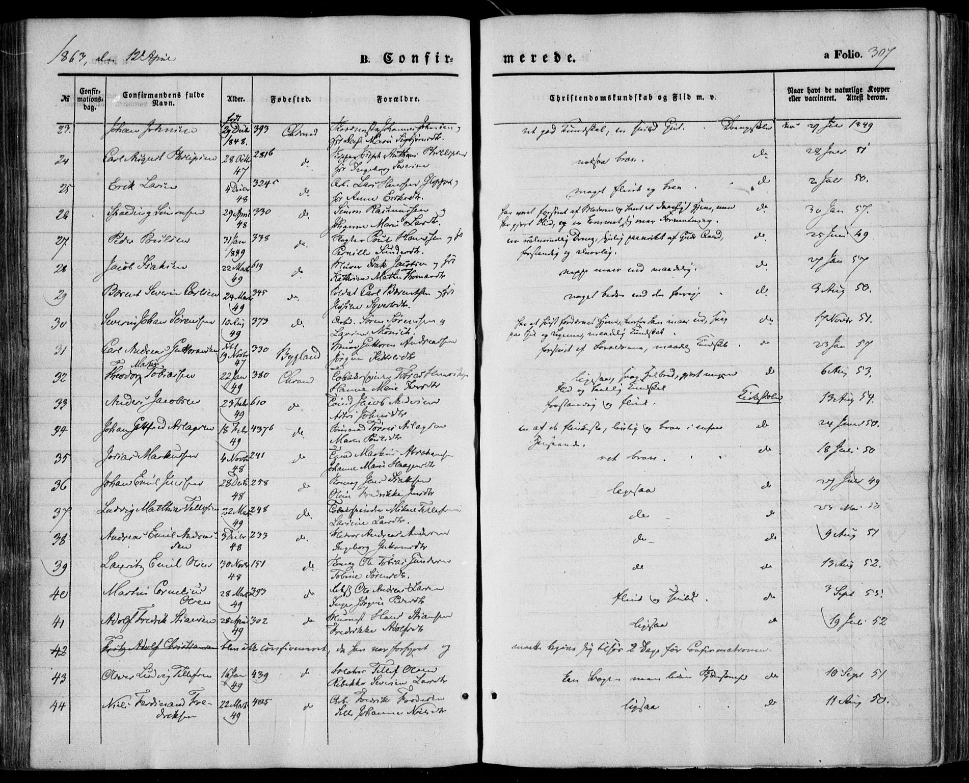 Kristiansand domprosti, AV/SAK-1112-0006/F/Fa/L0014: Parish register (official) no. A 14, 1852-1867, p. 307