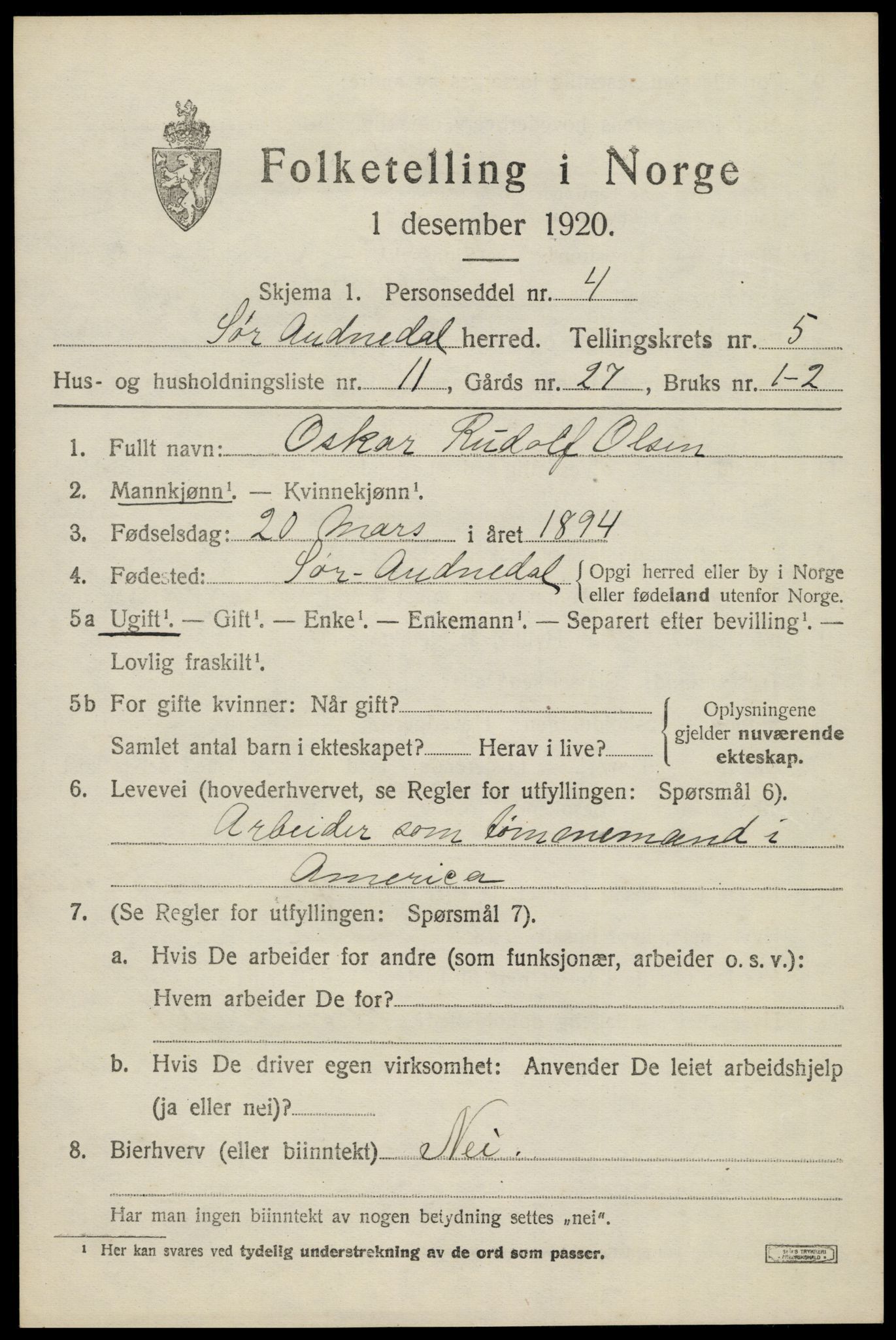 SAK, 1920 census for Sør-Audnedal, 1920, p. 2603