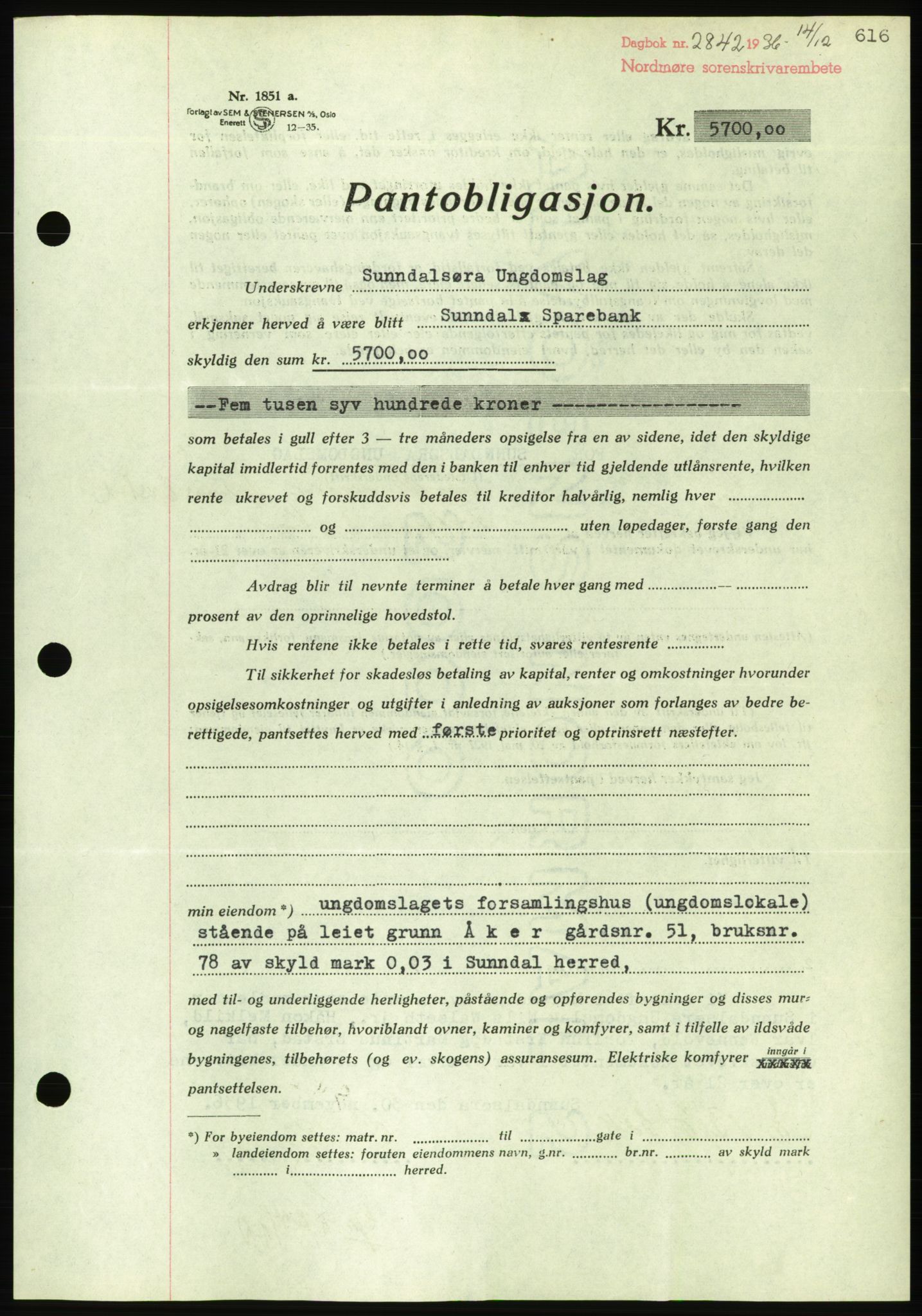 Nordmøre sorenskriveri, AV/SAT-A-4132/1/2/2Ca/L0090: Mortgage book no. B80, 1936-1937, Diary no: : 2842/1936