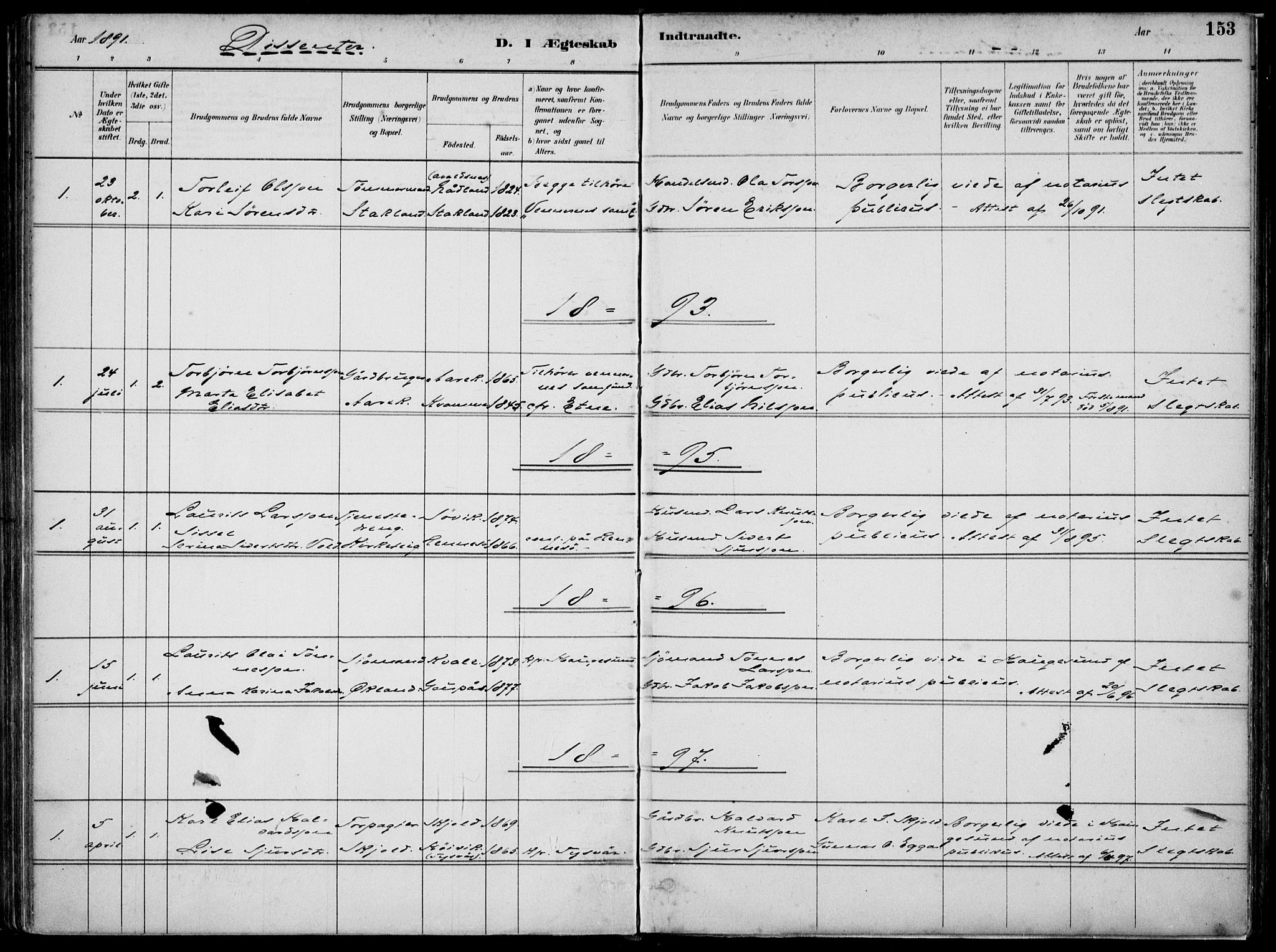 Skjold sokneprestkontor, SAST/A-101847/H/Ha/Haa/L0010: Parish register (official) no. A 10, 1882-1897, p. 153