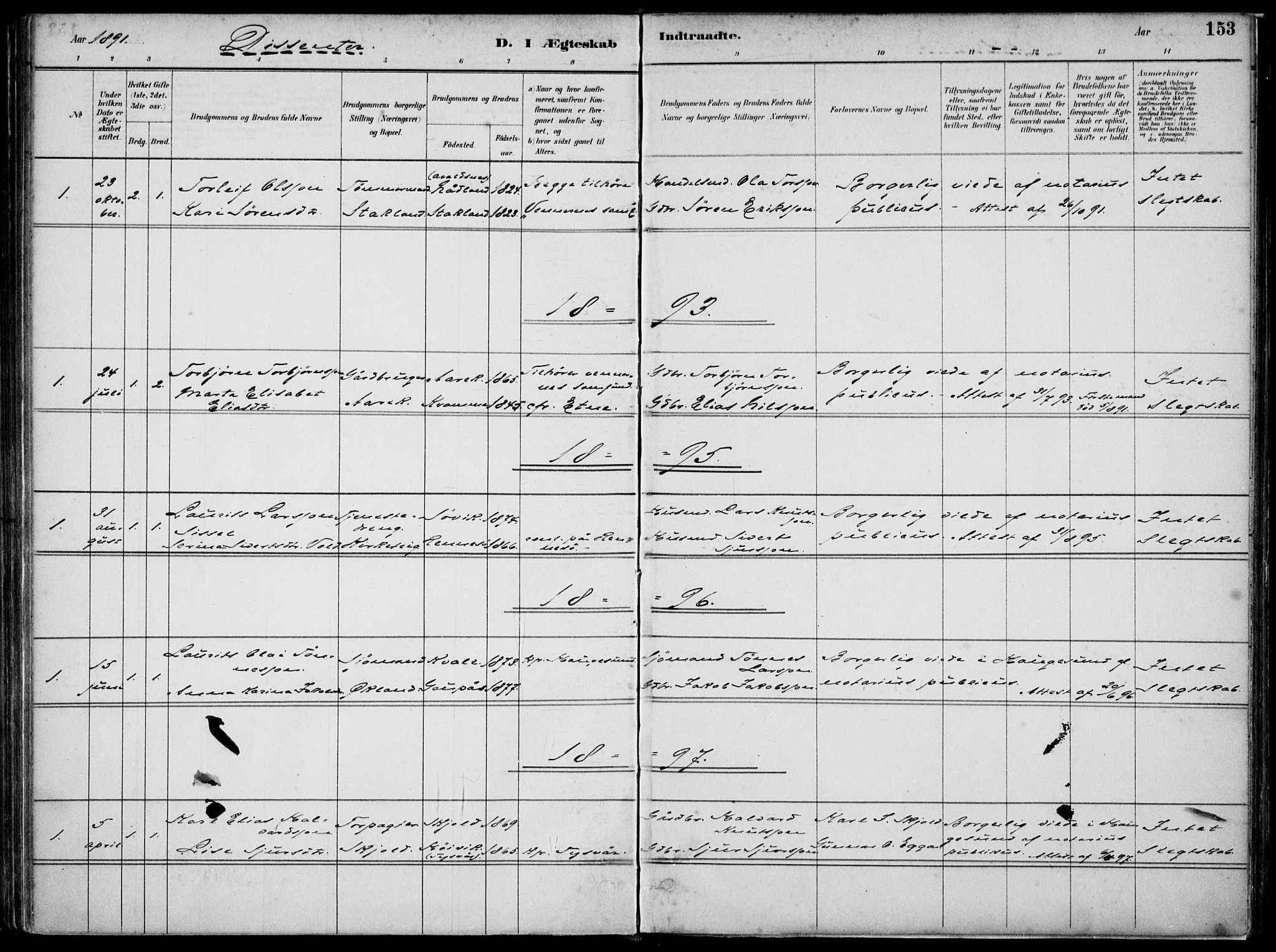 Skjold sokneprestkontor, AV/SAST-A-101847/H/Ha/Haa/L0010: Parish register (official) no. A 10, 1882-1897, p. 153