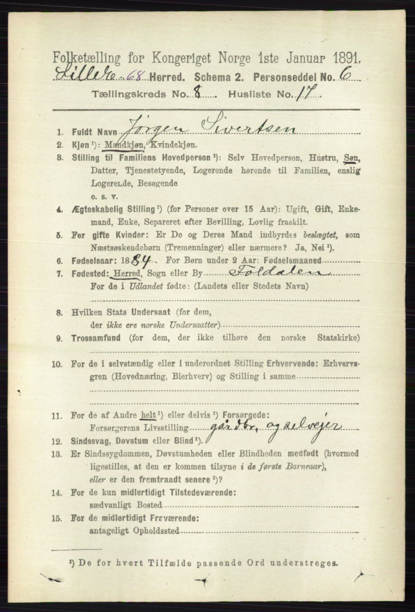 RA, 1891 census for 0438 Lille Elvedalen, 1891, p. 2581