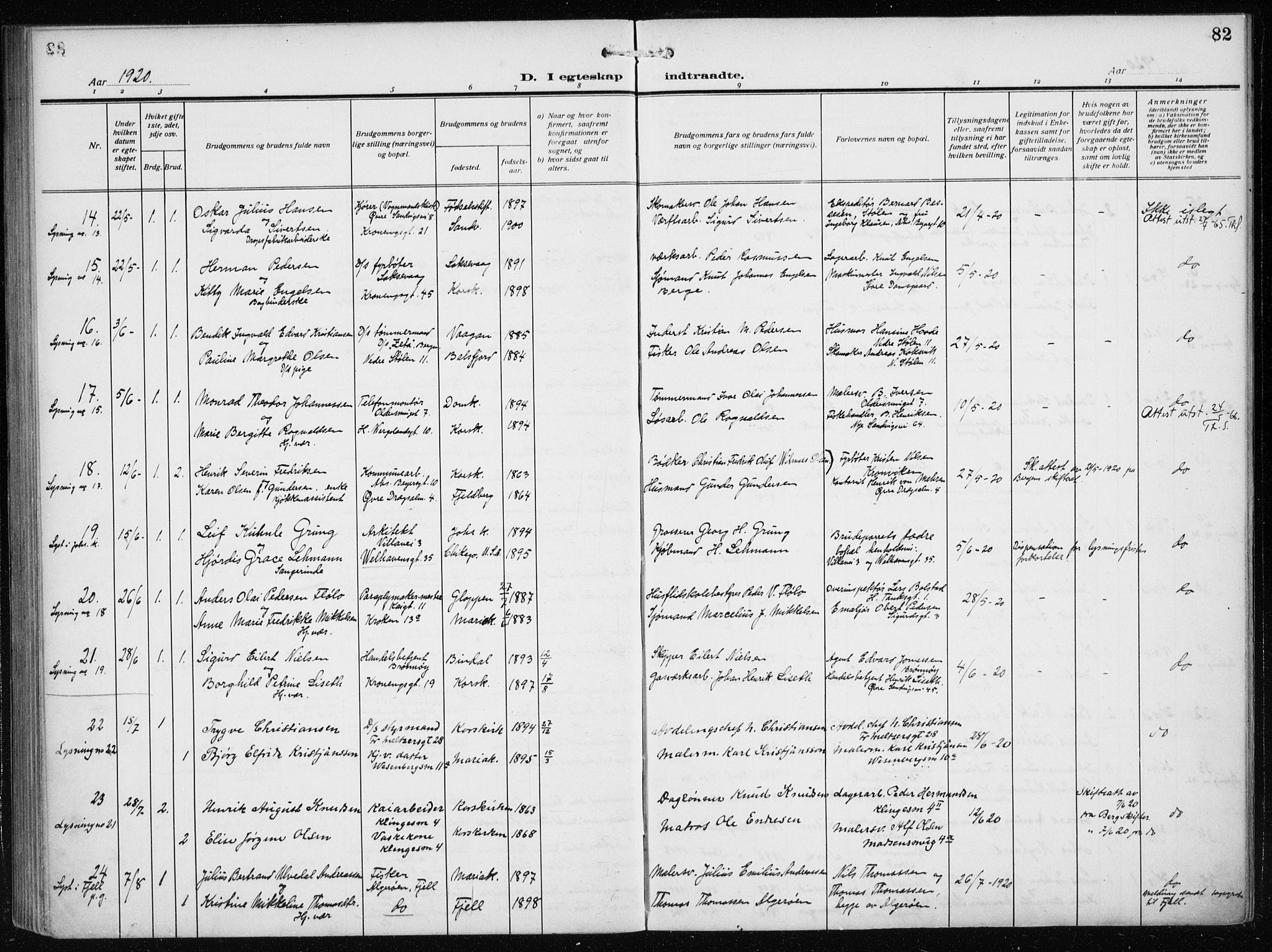 Mariakirken Sokneprestembete, AV/SAB-A-76901/H/Haa/L0015: Parish register (official) no. C 3, 1913-1927, p. 82