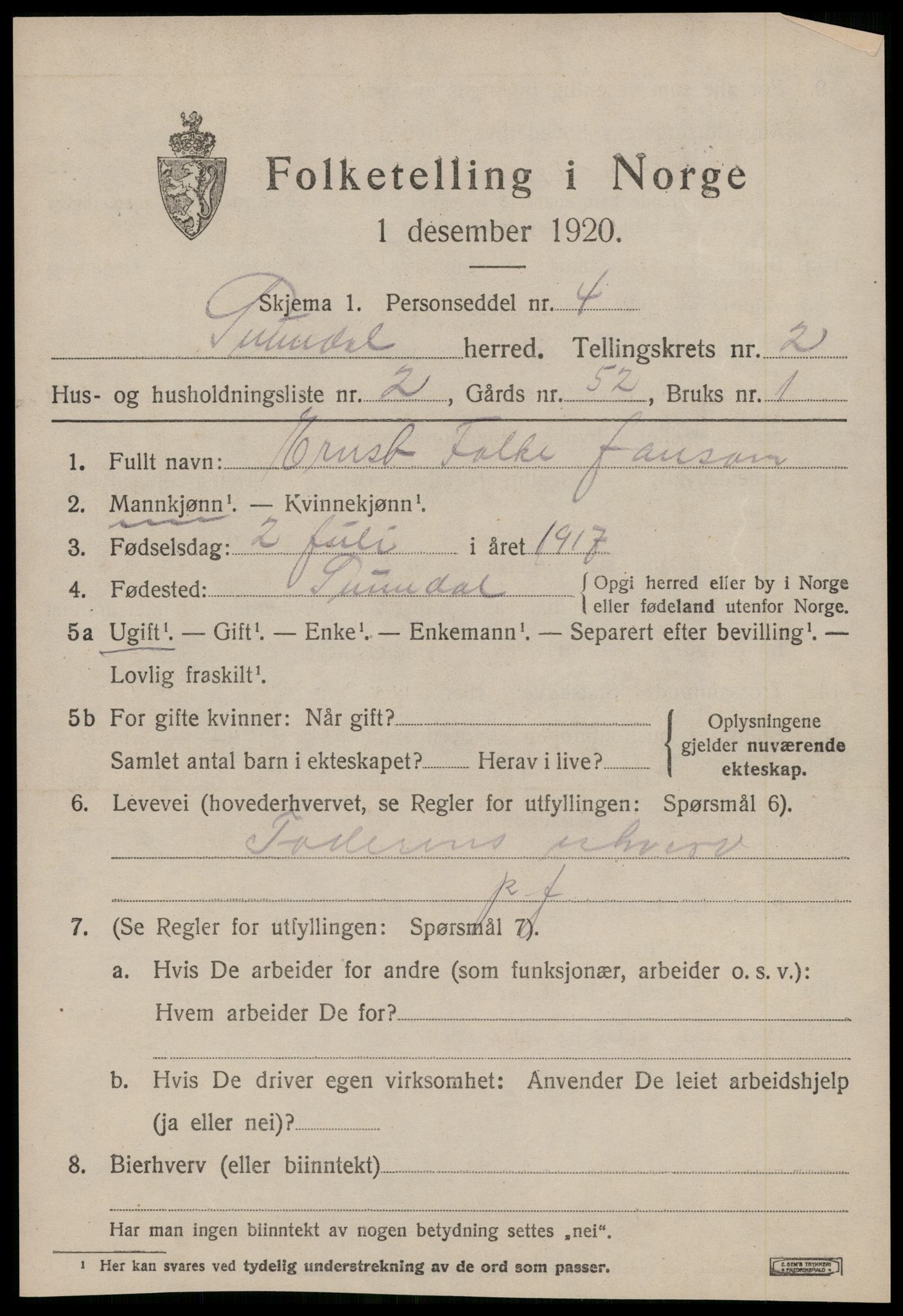 SAT, 1920 census for Sunndal, 1920, p. 1104