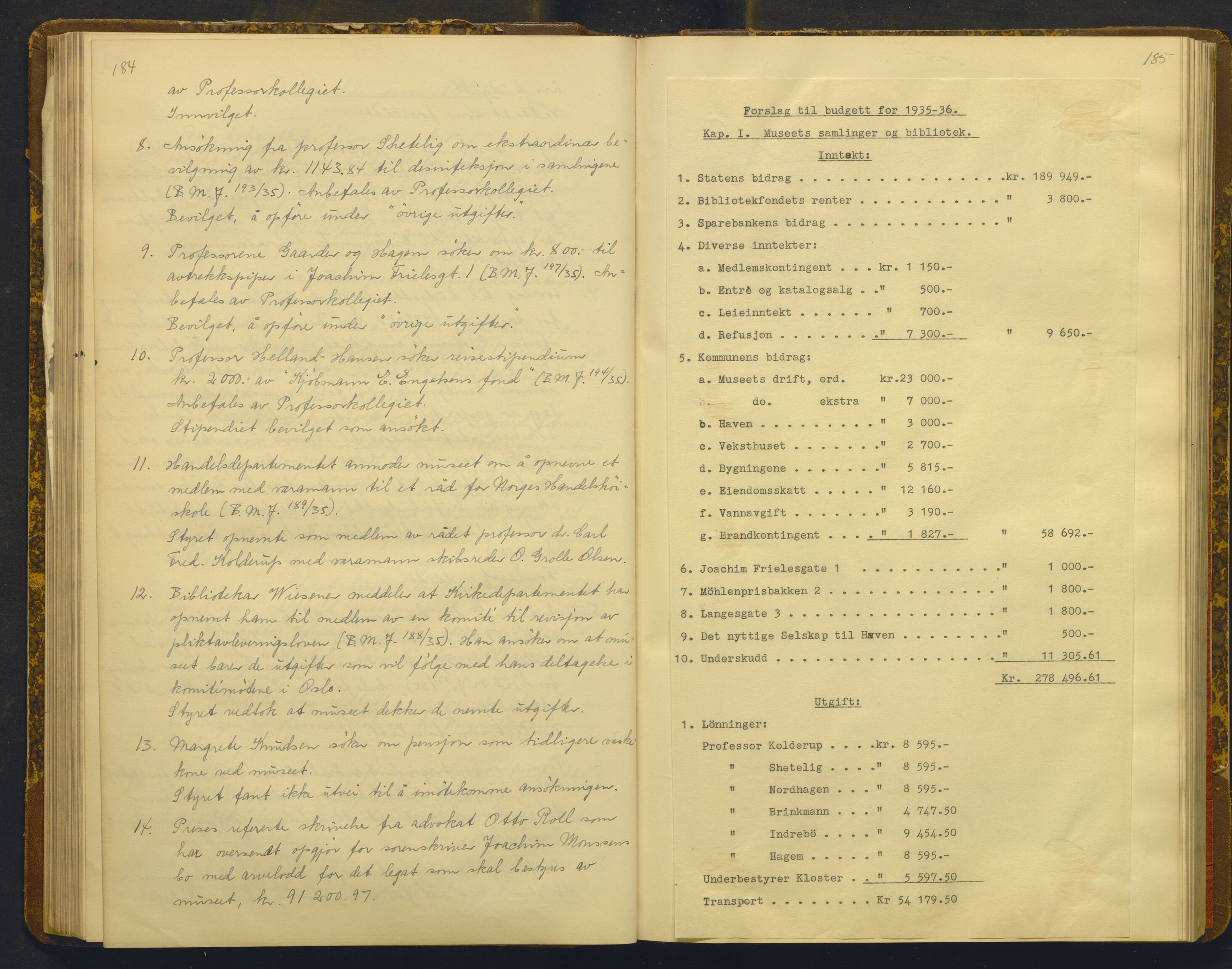 Bergens Museum, AV/SAB-A-17301/02/A/L0009: Forhandlingsprotokoll med register , 1927-1943, p. 184-185