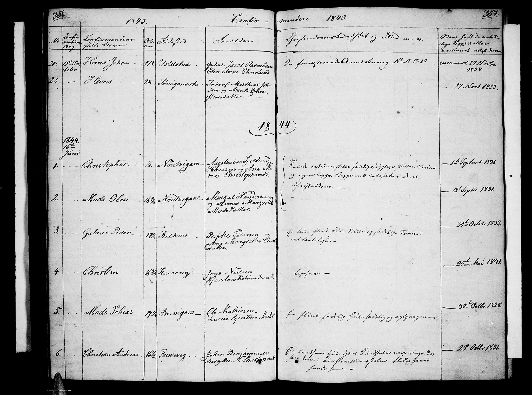 Trondenes sokneprestkontor, AV/SATØ-S-1319/H/Hb/L0005klokker: Parish register (copy) no. 5, 1834-1845, p. 356-357