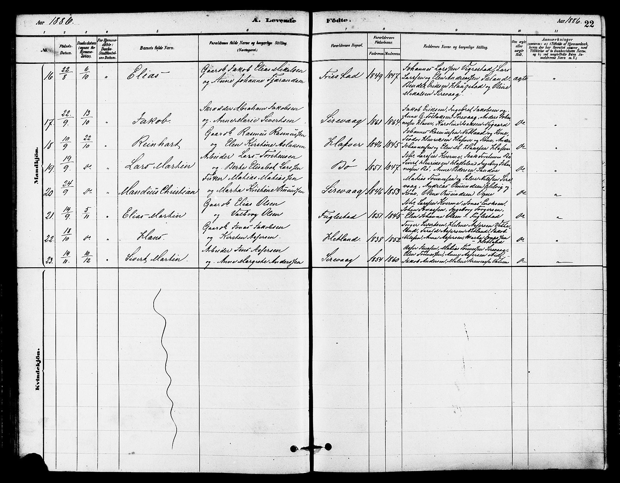 Eigersund sokneprestkontor, SAST/A-101807/S08/L0016: Parish register (official) no. A 16, 1879-1893, p. 22