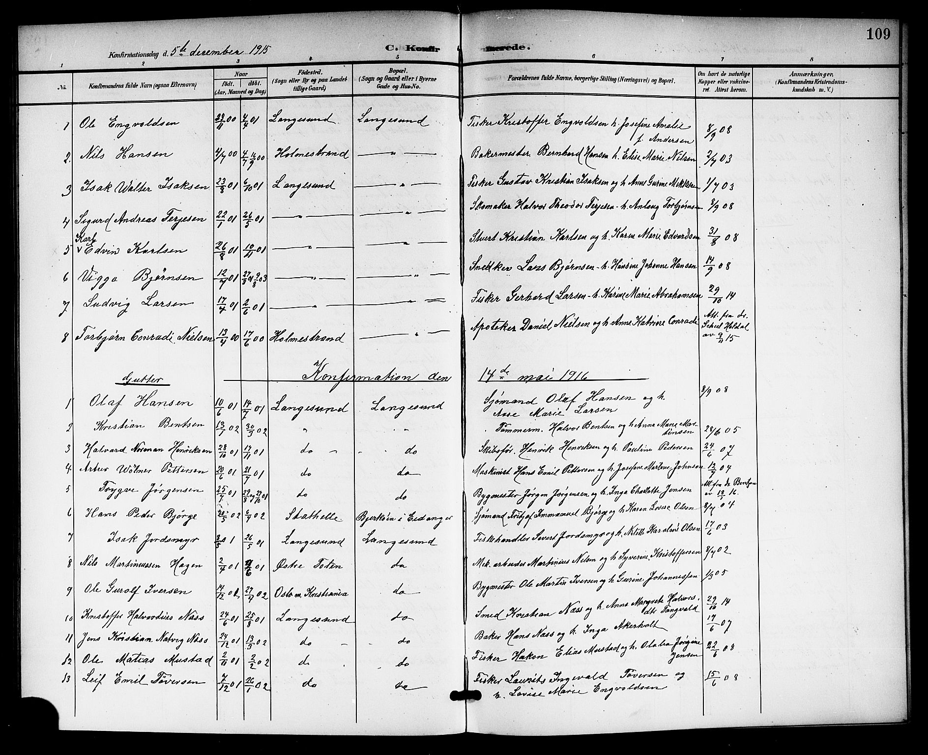 Langesund kirkebøker, SAKO/A-280/G/Ga/L0006: Parish register (copy) no. 6, 1899-1918, p. 109
