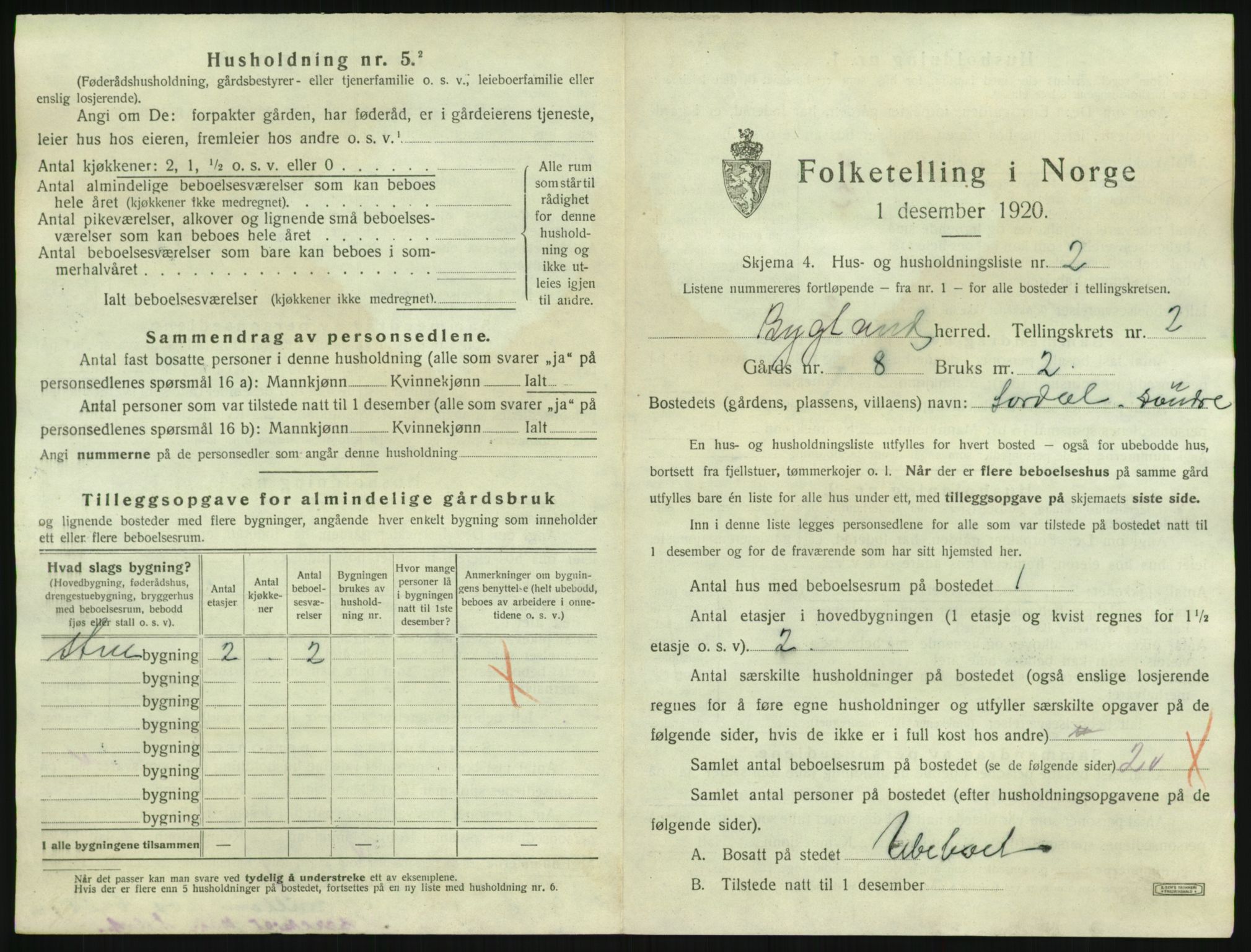 SAK, 1920 census for Bygland, 1920, p. 109