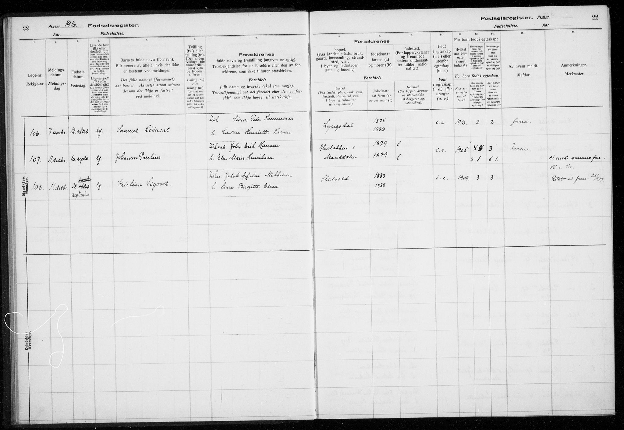 Lyngen sokneprestembete, AV/SATØ-S-1289/I/Ia/L0075: Birth register no. 75, 1916-1924, p. 22