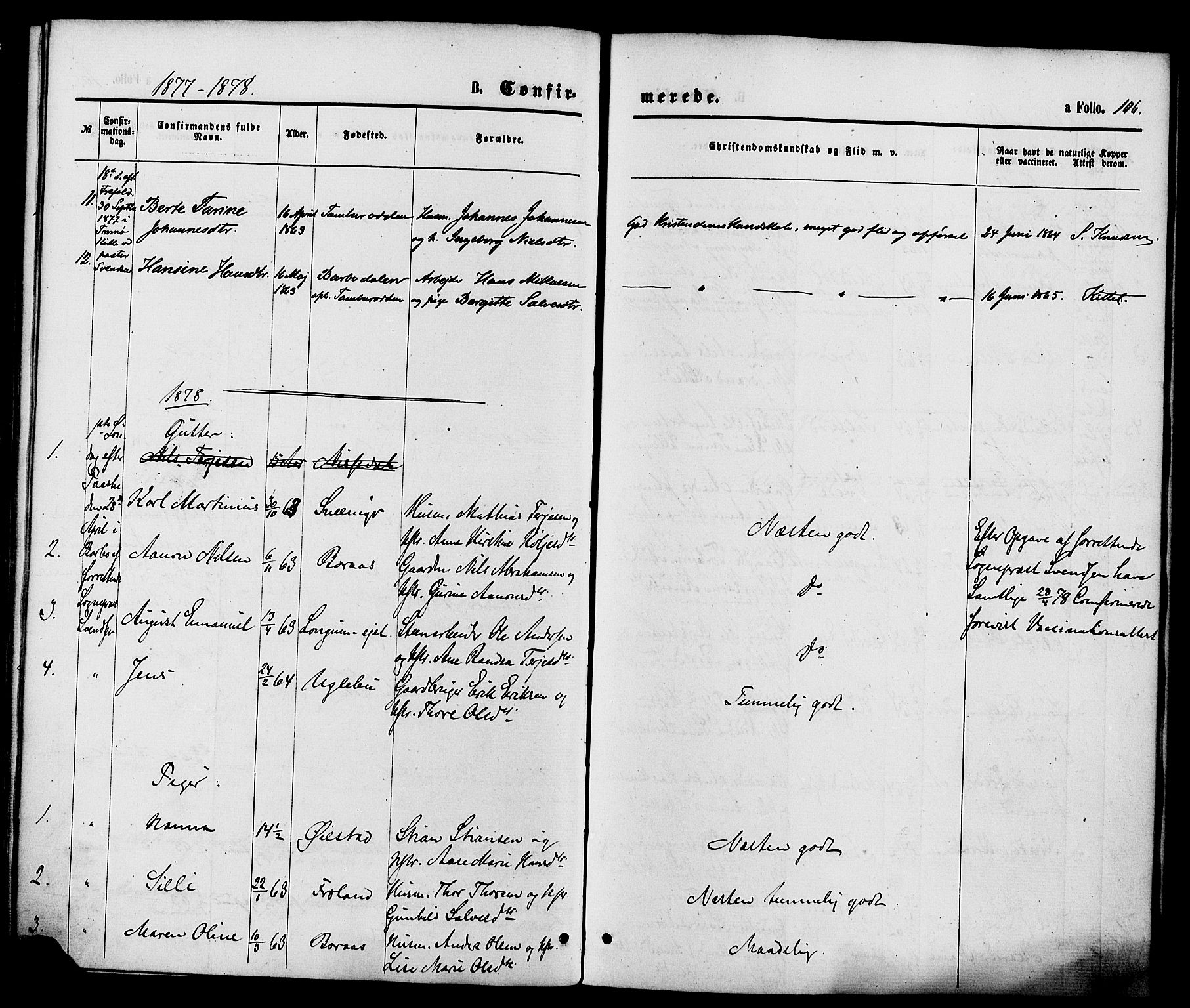 Austre Moland sokneprestkontor, SAK/1111-0001/F/Fa/Faa/L0009: Parish register (official) no. A 9, 1869-1879, p. 106