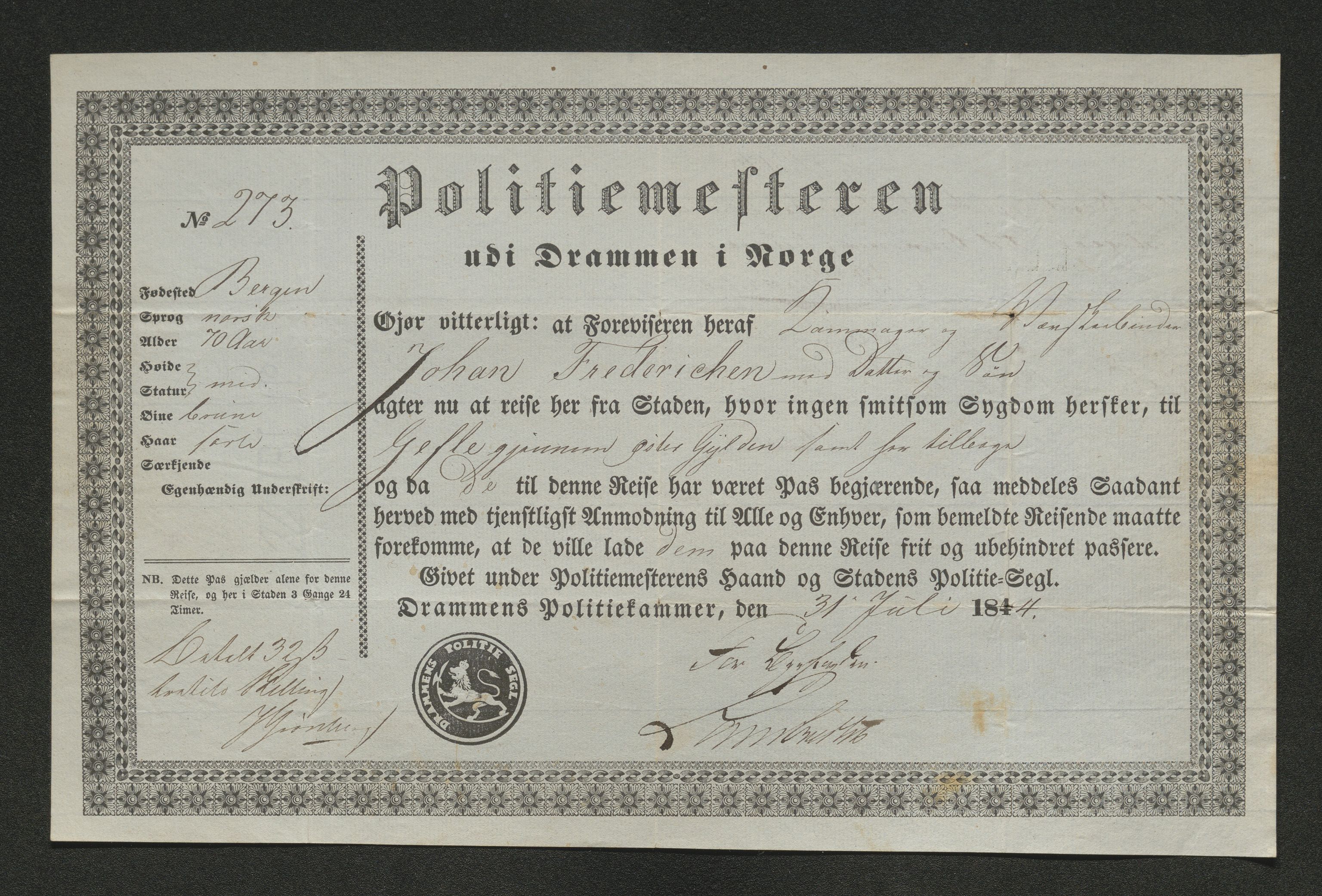 Drammen politikammer, AV/SAKO-A-623/I/Ia/Iab/L0007: Innleverte pass, 1843-1844, p. 766