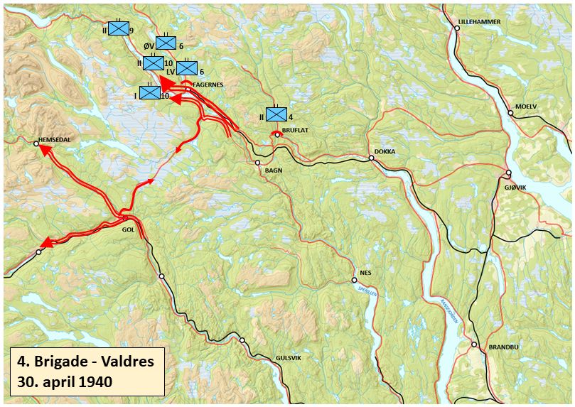 Forsvaret, Forsvarets krigshistoriske avdeling, RA/RAFA-2017/Y/Yb/L0000: Oversikt over 4. brigades organisering i april 1940. Situasjonskart for perioden 20.-30. april 1940. Ved Oblt. / Cand. Phil. Knut Werner-Hagen, april 2020., 1940, p. 7