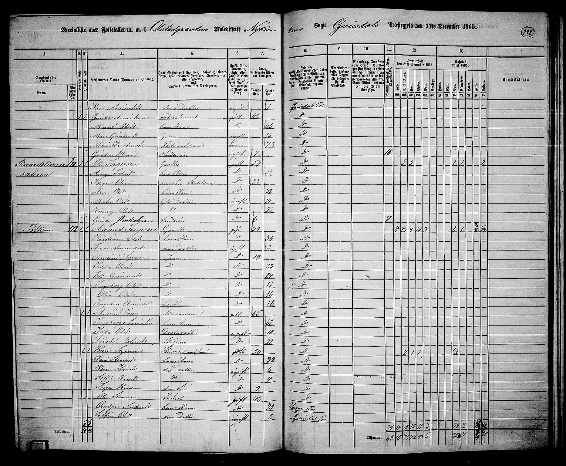 RA, 1865 census for Gausdal, 1865, p. 204