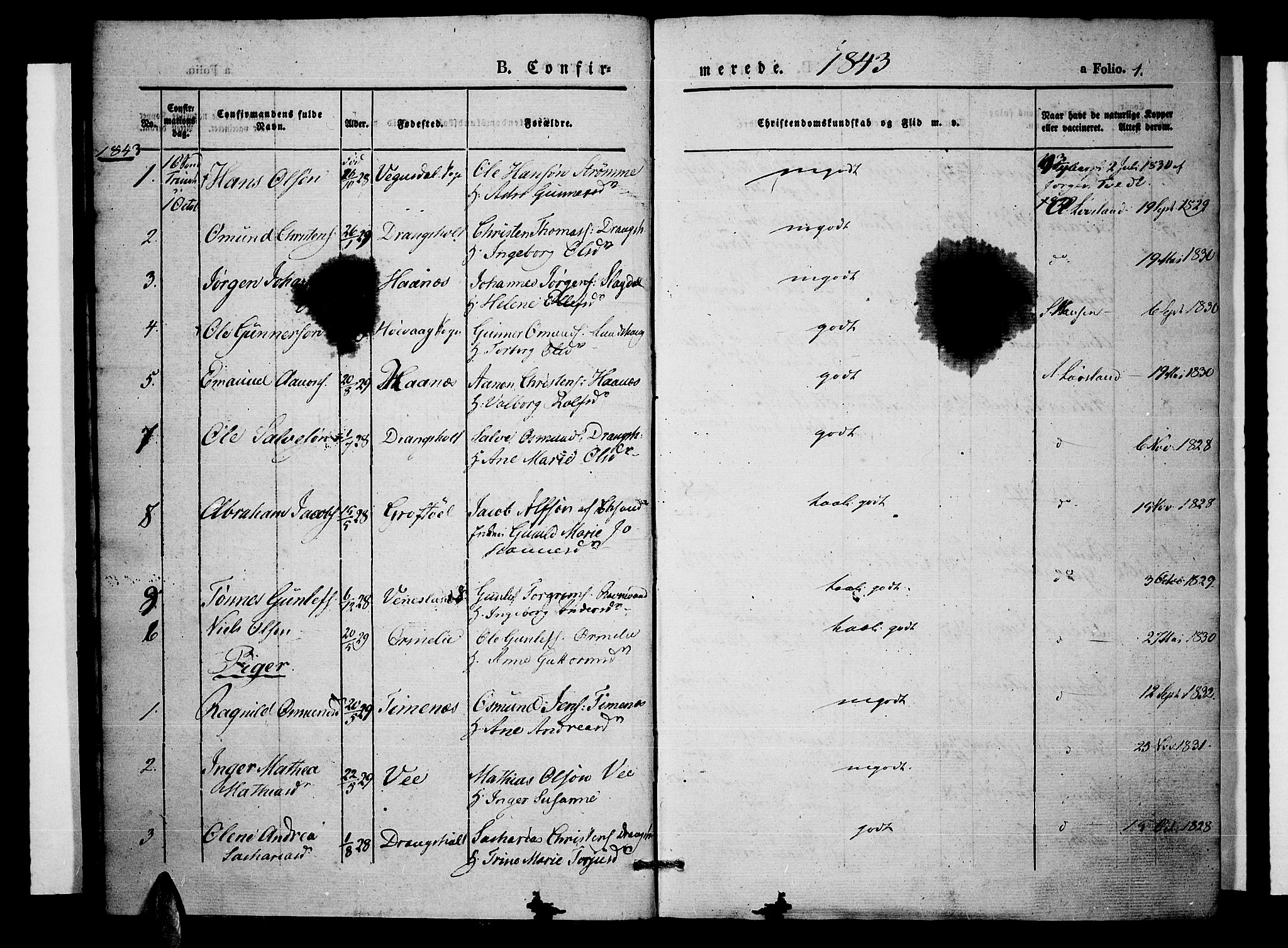 Tveit sokneprestkontor, SAK/1111-0043/F/Fa/L0004: Parish register (official) no. A 4, 1843-1852, p. 1