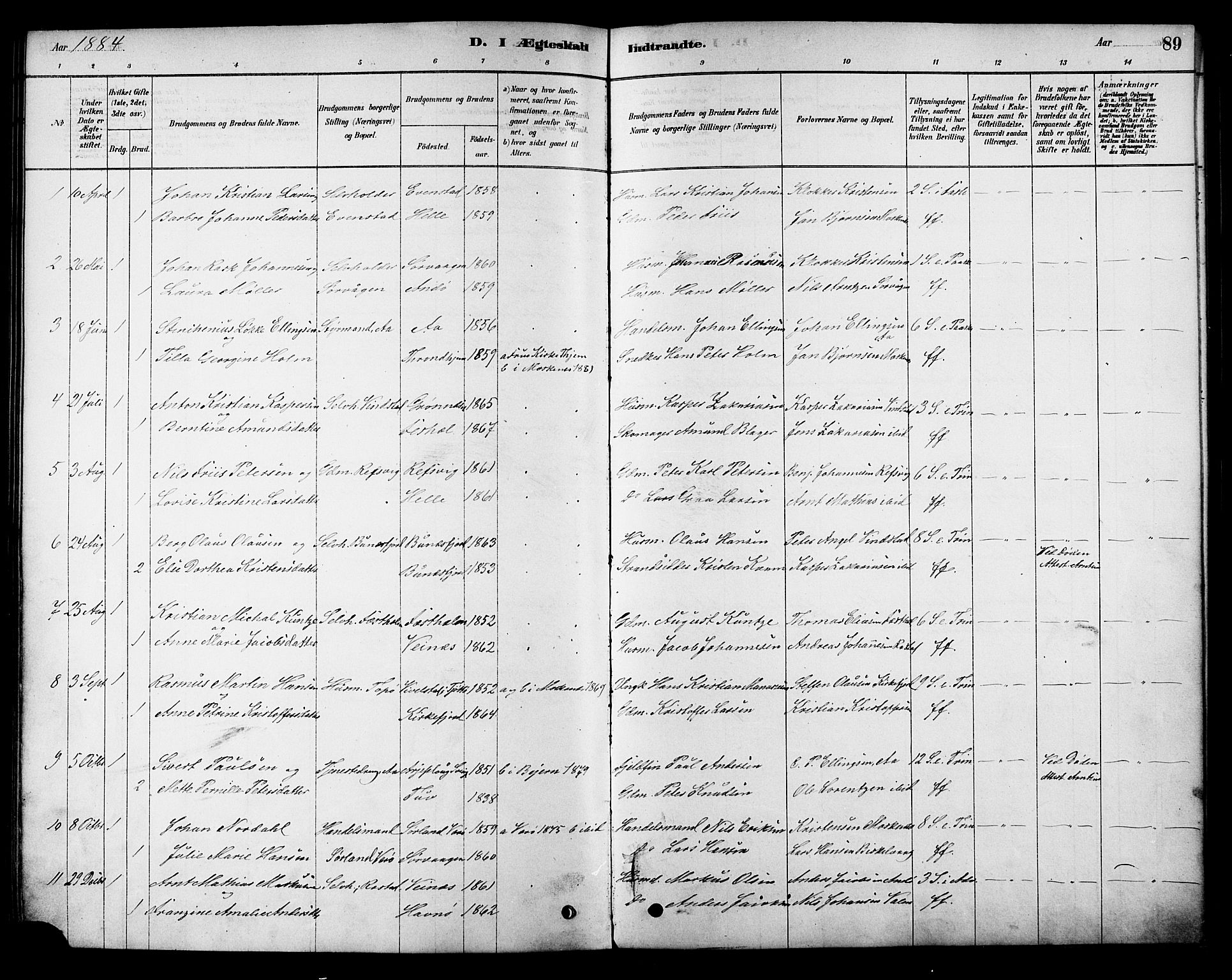 Ministerialprotokoller, klokkerbøker og fødselsregistre - Nordland, AV/SAT-A-1459/886/L1219: Parish register (official) no. 886A01, 1878-1892, p. 89