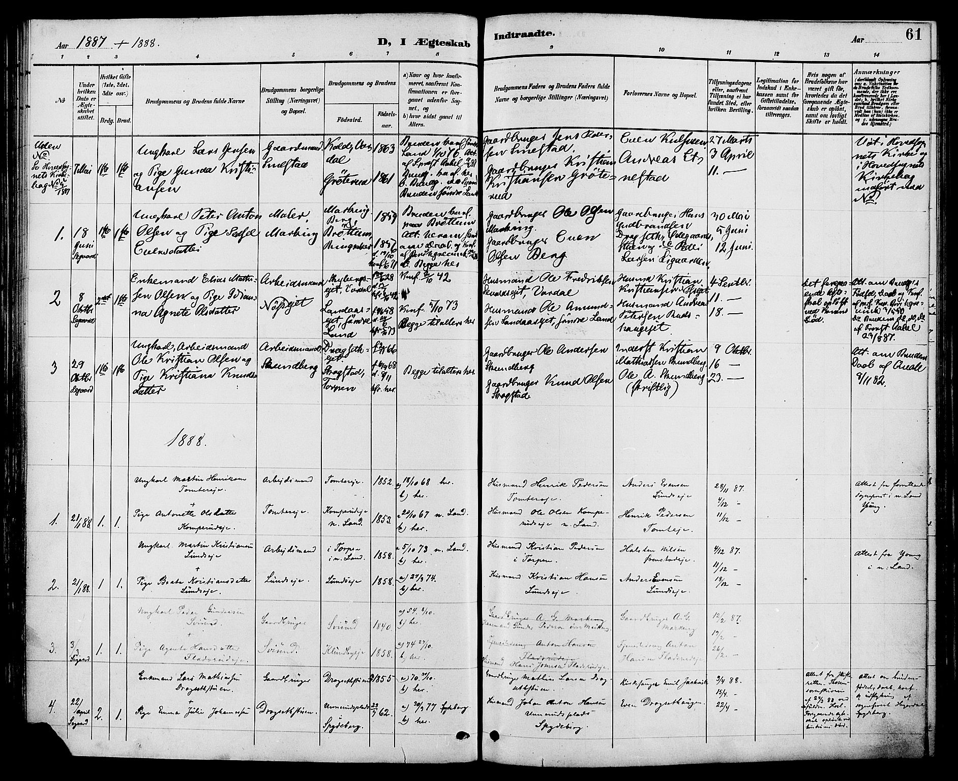 Biri prestekontor, SAH/PREST-096/H/Ha/Haa/L0007: Parish register (official) no. 7, 1887-1893, p. 61