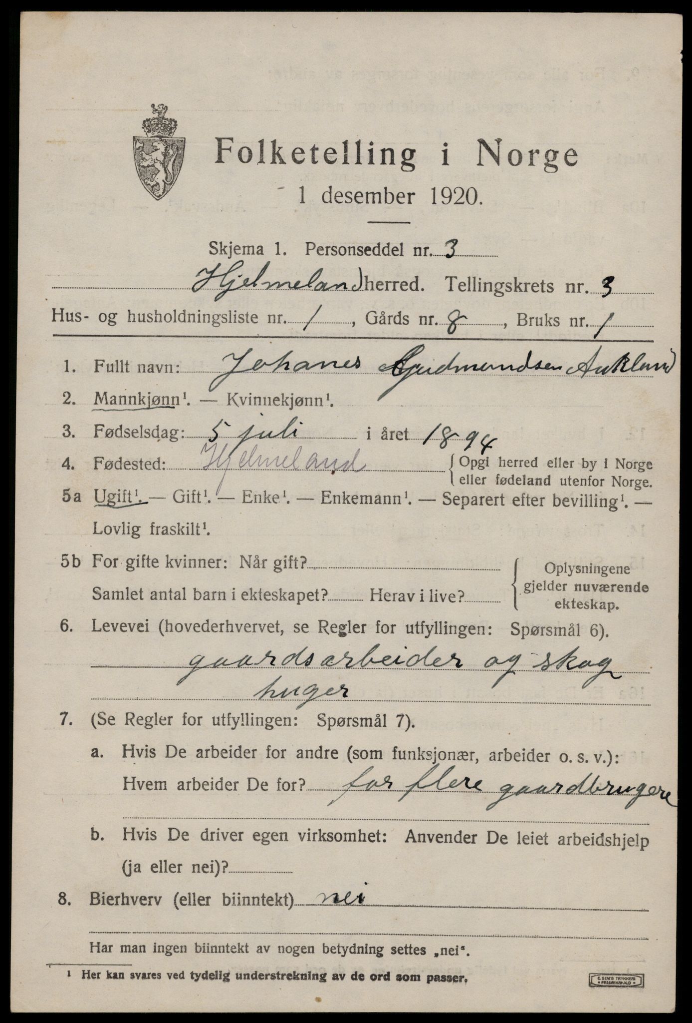 SAST, 1920 census for Hjelmeland, 1920, p. 1265