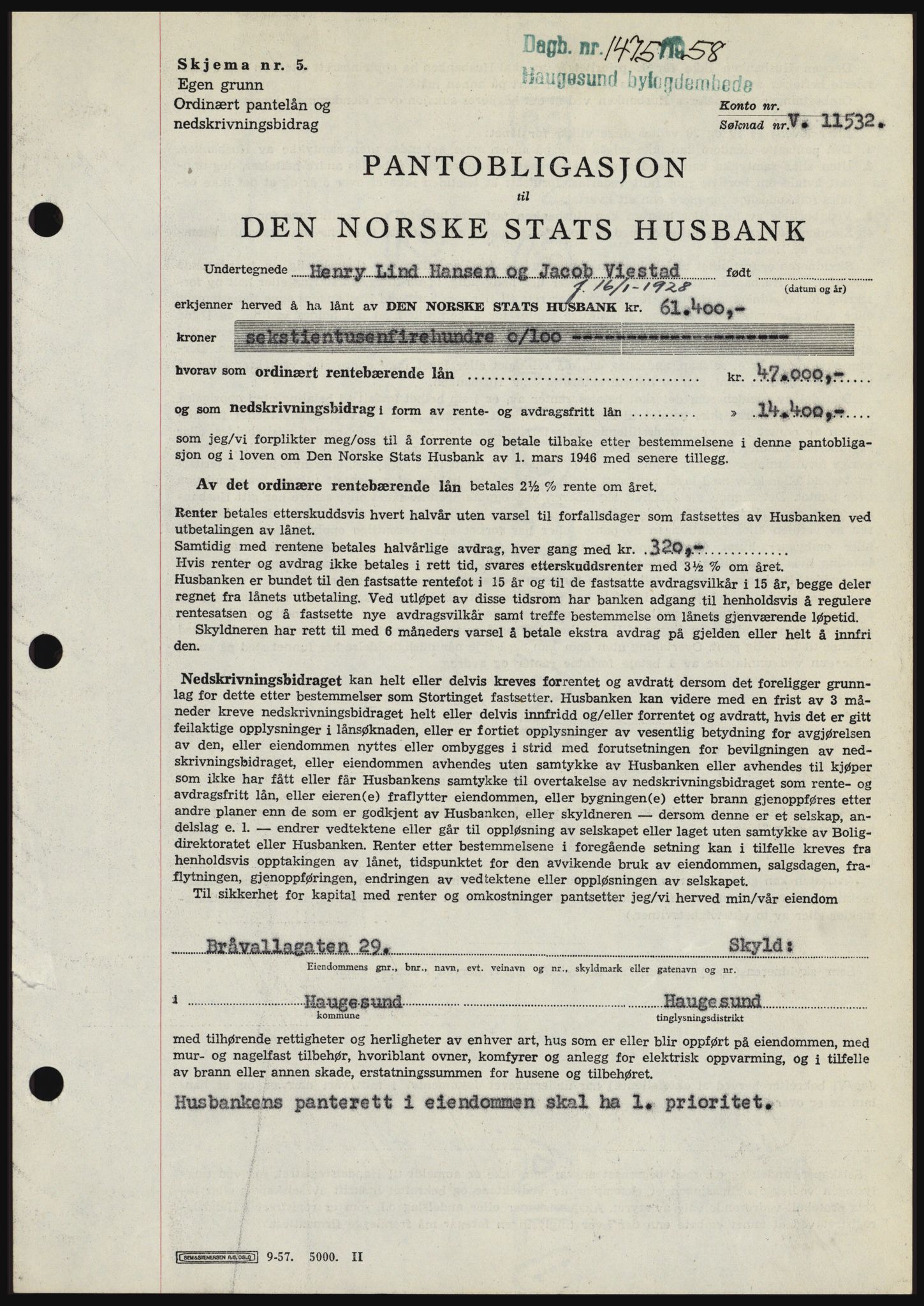 Haugesund tingrett, SAST/A-101415/01/II/IIC/L0044: Mortgage book no. B 44, 1958-1959, Diary no: : 1475/1958