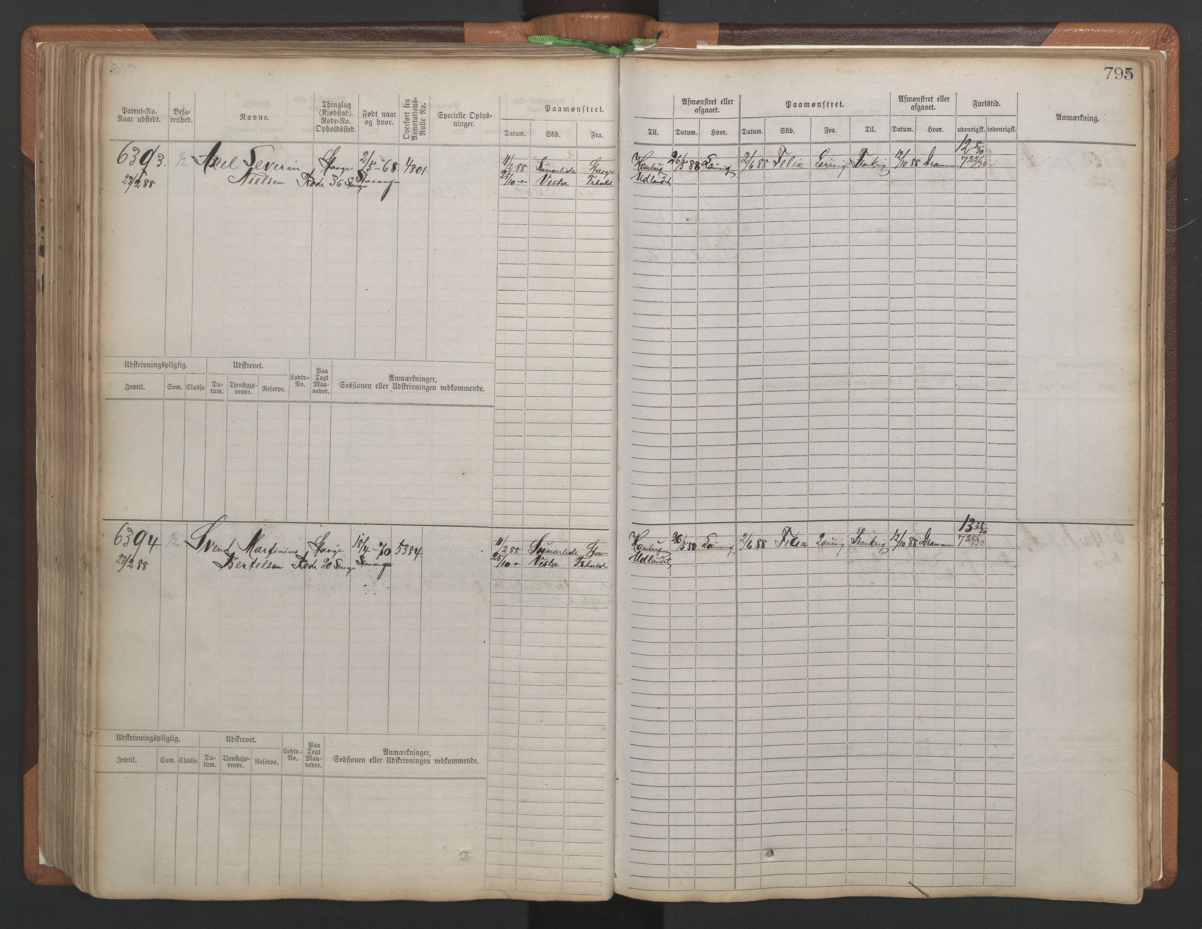 Stavanger sjømannskontor, AV/SAST-A-102006/F/Fb/Fbb/L0010: Sjøfartshovedrulle, patentnr. 6007-6606 (del 1), 1887-1896, p. 199