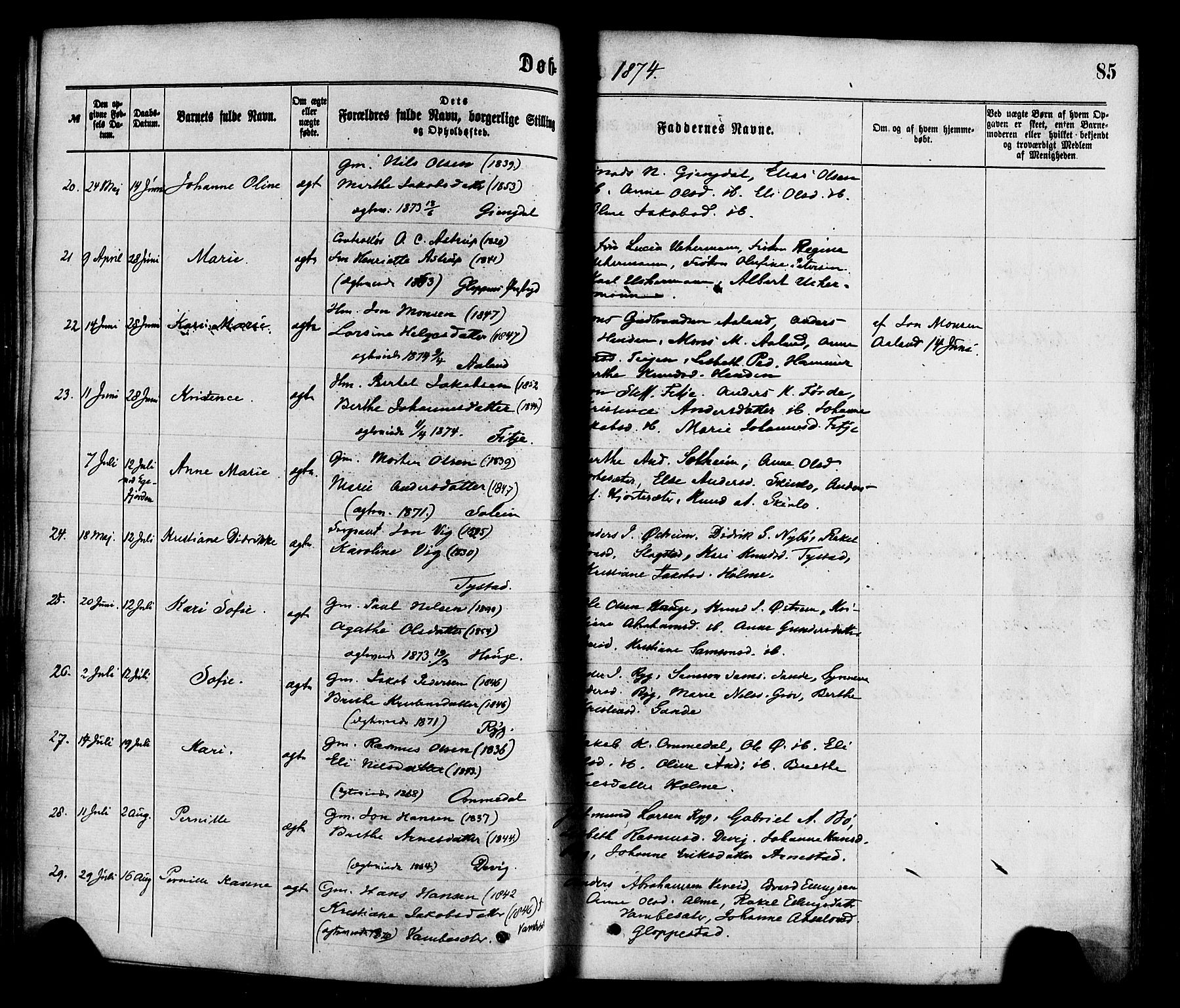 Gloppen sokneprestembete, AV/SAB-A-80101/H/Haa/Haaa/L0010: Parish register (official) no. A 10, 1871-1884, p. 85