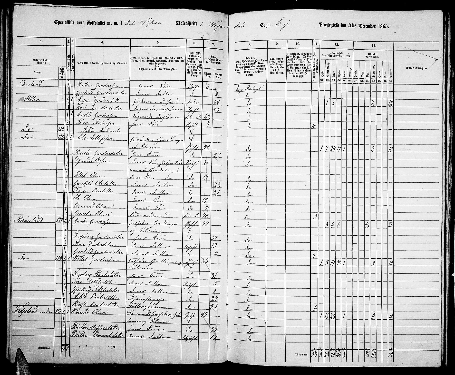 RA, 1865 census for Evje, 1865, p. 70