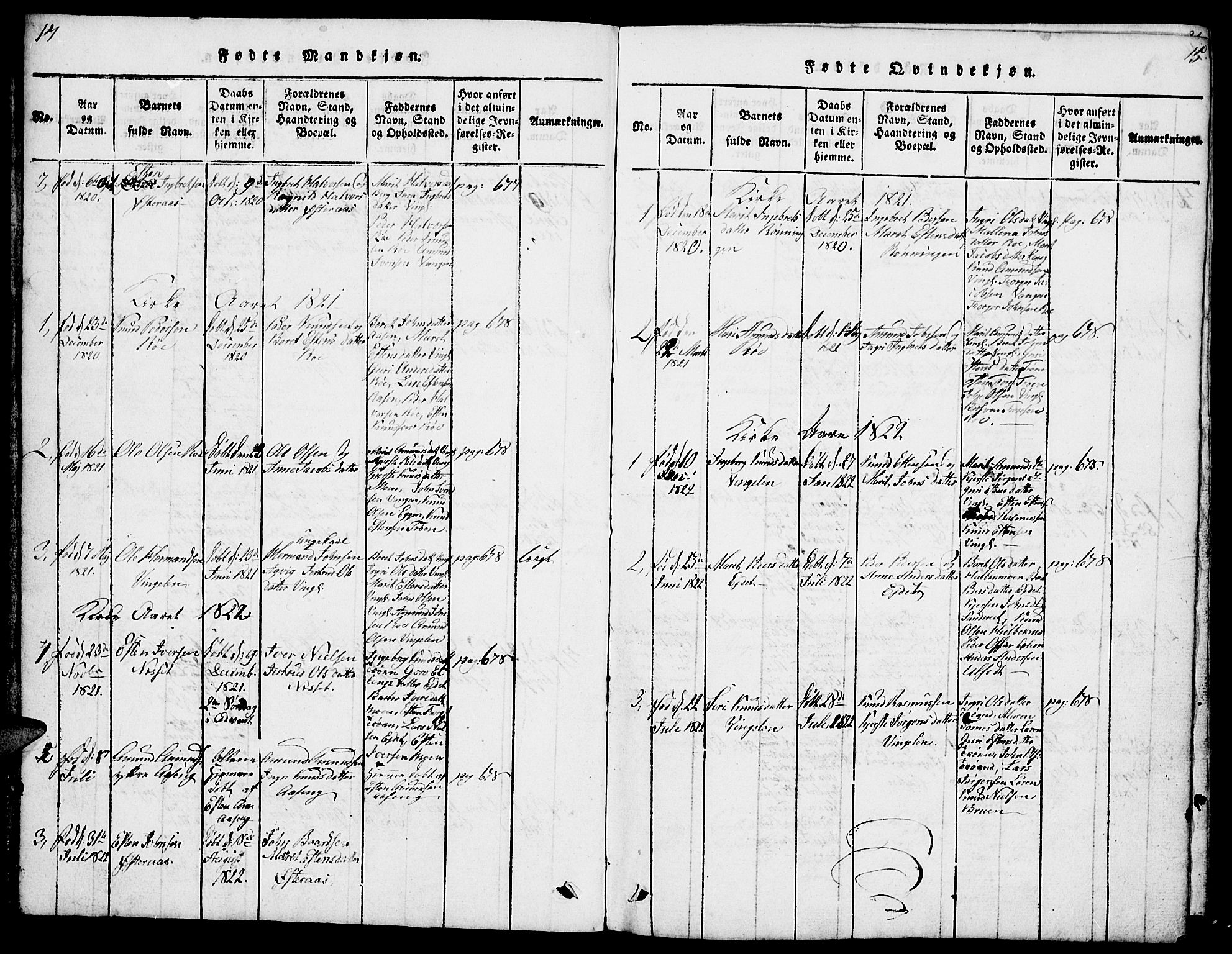 Tolga prestekontor, SAH/PREST-062/L/L0003: Parish register (copy) no. 3, 1815-1862, p. 14-15