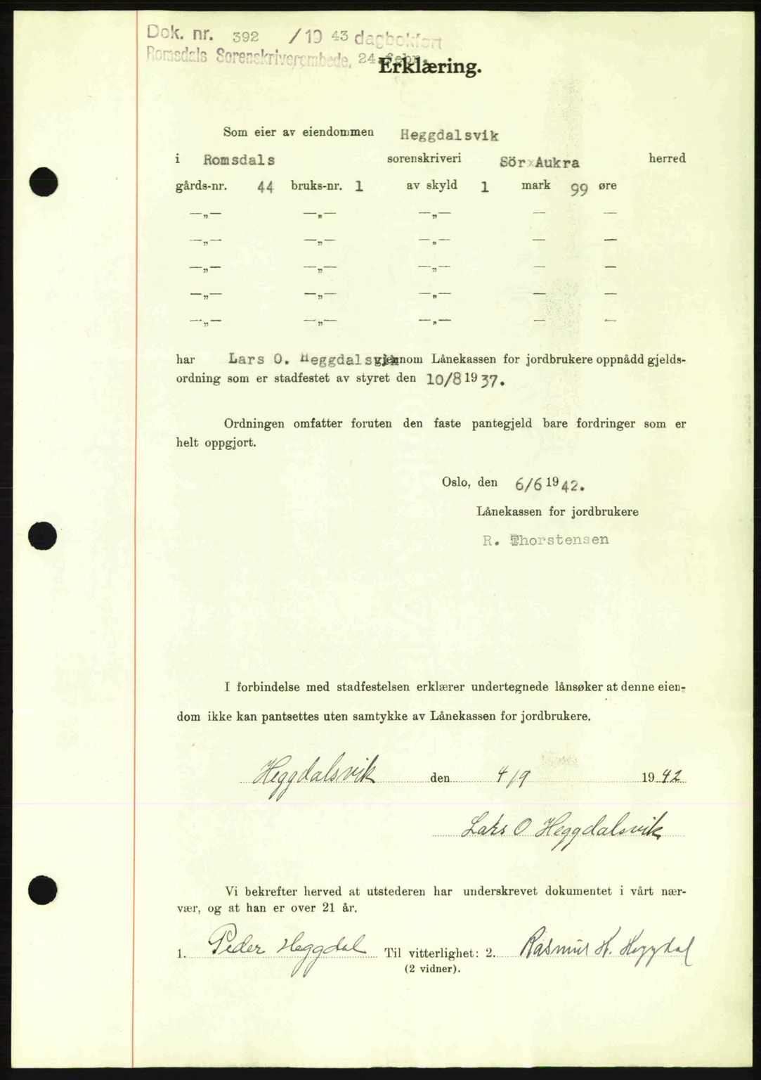 Romsdal sorenskriveri, AV/SAT-A-4149/1/2/2C: Mortgage book no. B2, 1939-1945, Diary no: : 392/1943