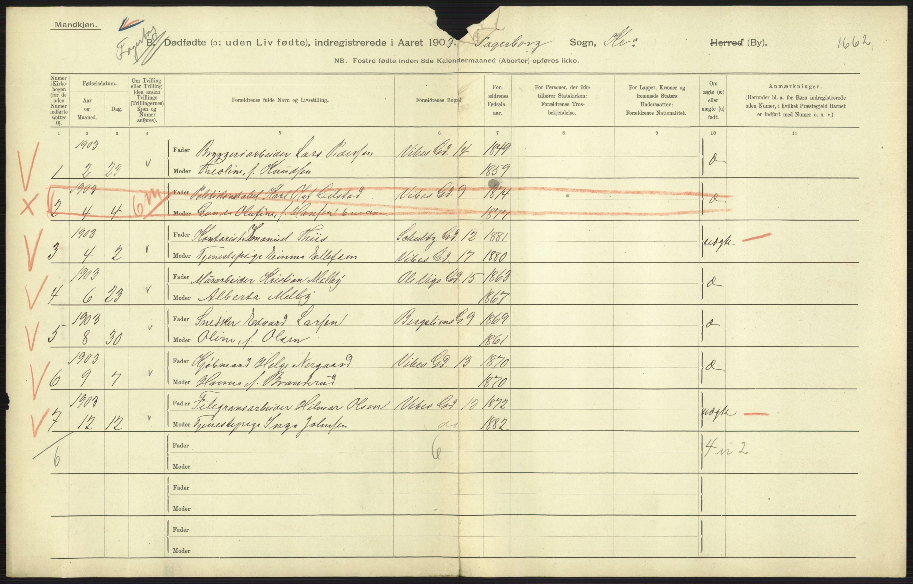 Statistisk sentralbyrå, Sosiodemografiske emner, Befolkning, AV/RA-S-2228/D/Df/Dfa/Dfaa/L0026: Smålenenes - Finnmarkens amt: Dødfødte. Byer., 1903, p. 23