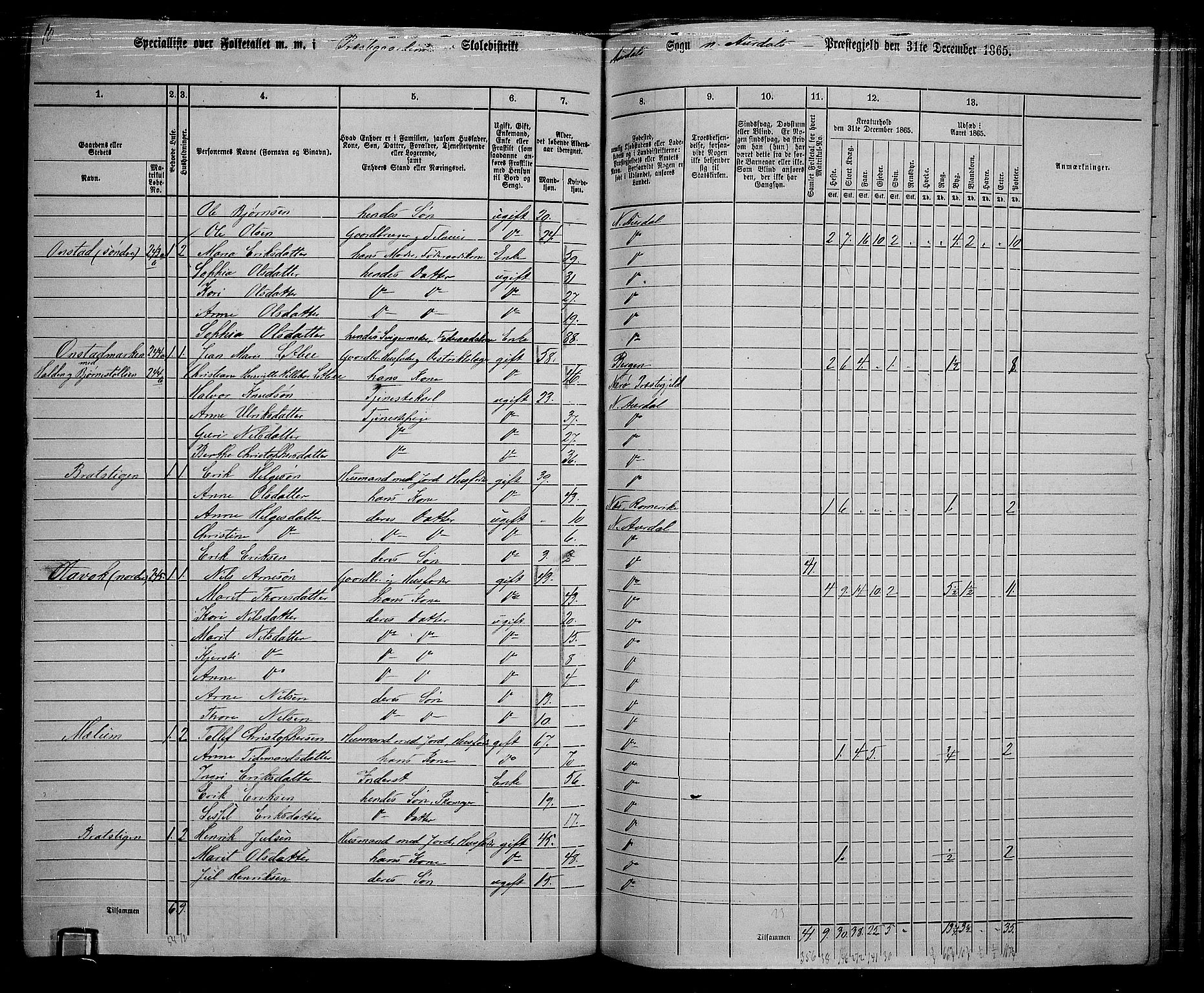 RA, 1865 census for Nord-Aurdal, 1865, p. 186
