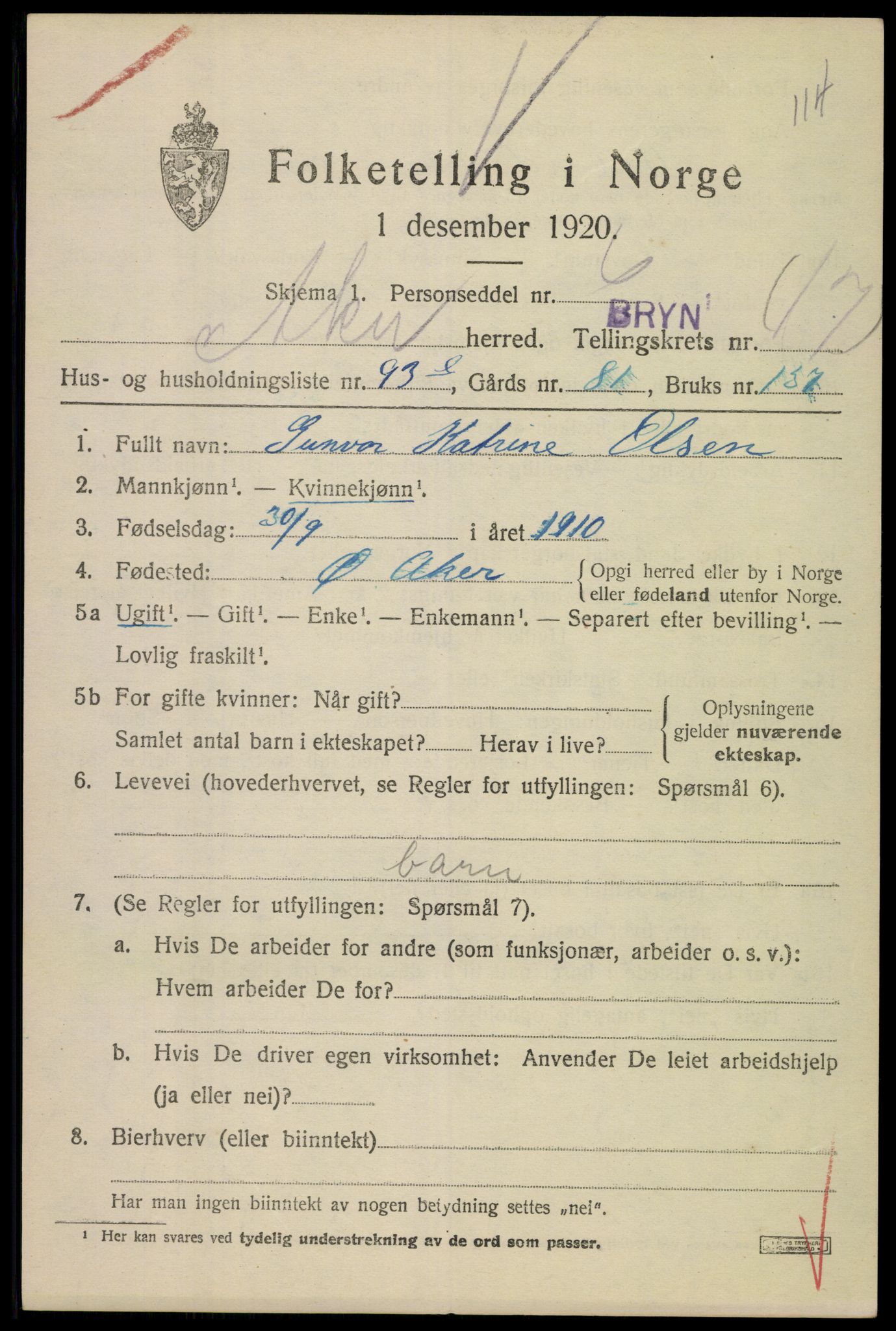 SAO, 1920 census for Aker, 1920, p. 104288