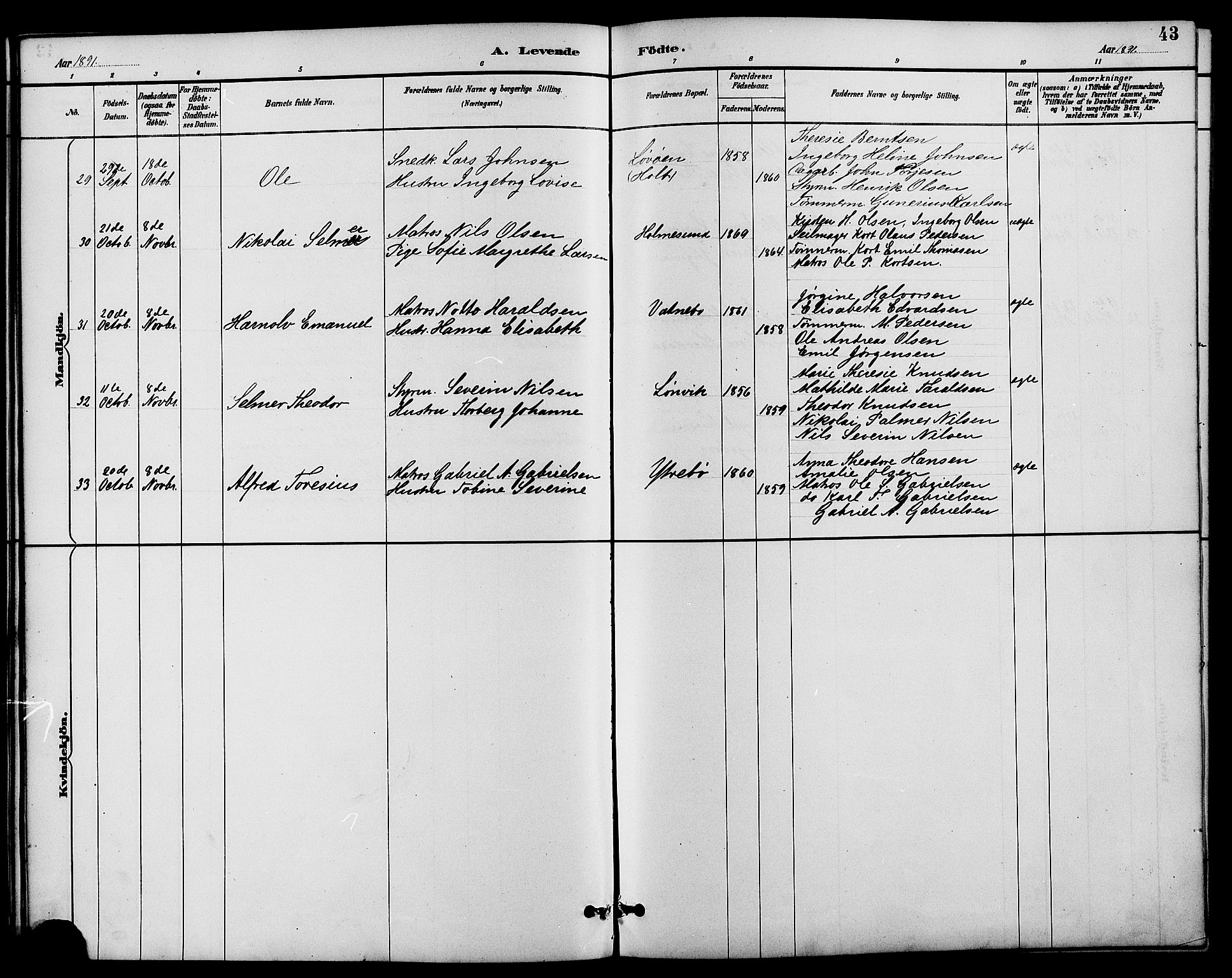 Dypvåg sokneprestkontor, SAK/1111-0007/F/Fb/Fbb/L0004: Parish register (copy) no. B 4, 1887-1905, p. 43