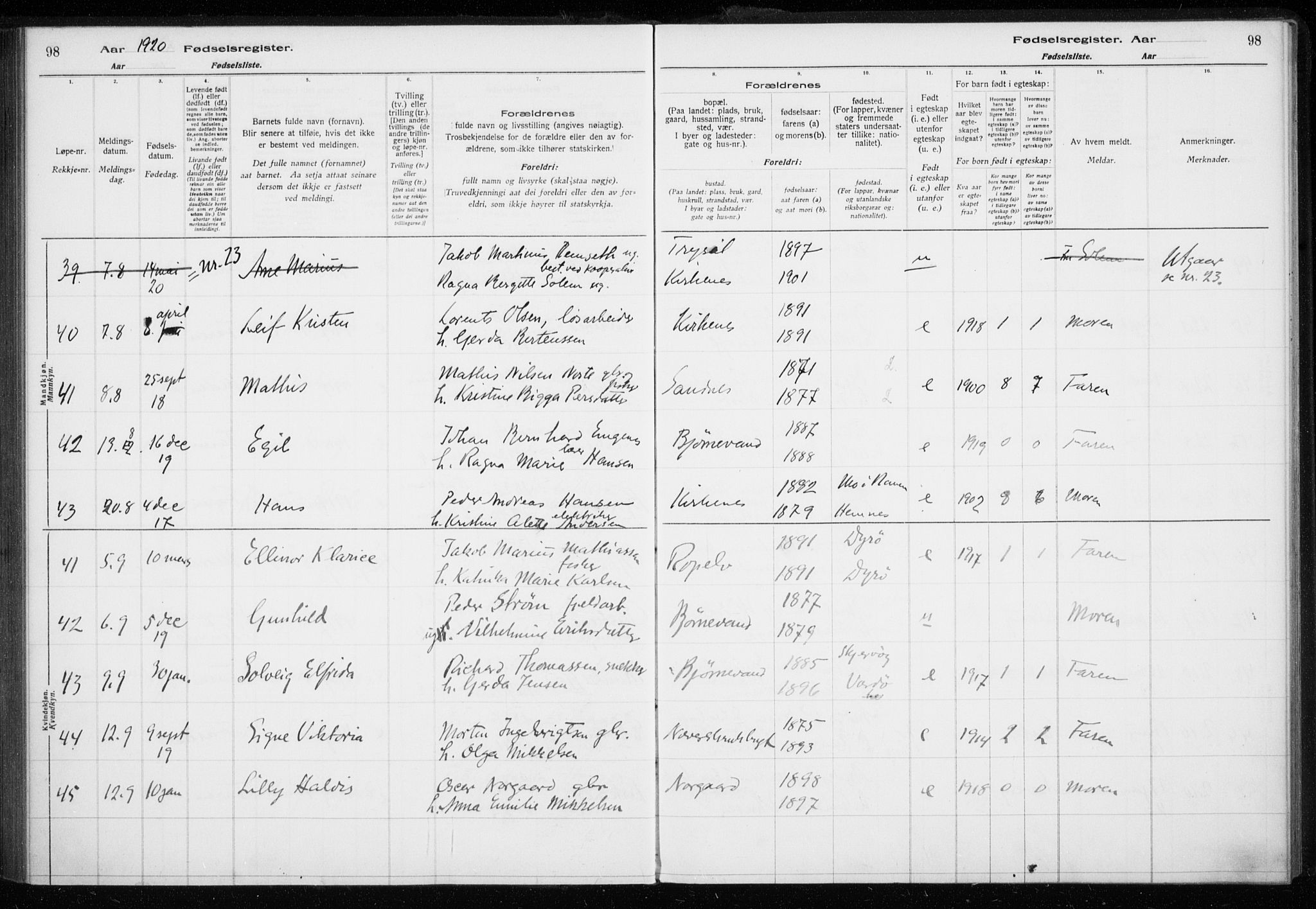 Sør-Varanger sokneprestkontor, AV/SATØ-S-1331/I/Ia/L0016: Birth register no. 16, 1915-1925, p. 98