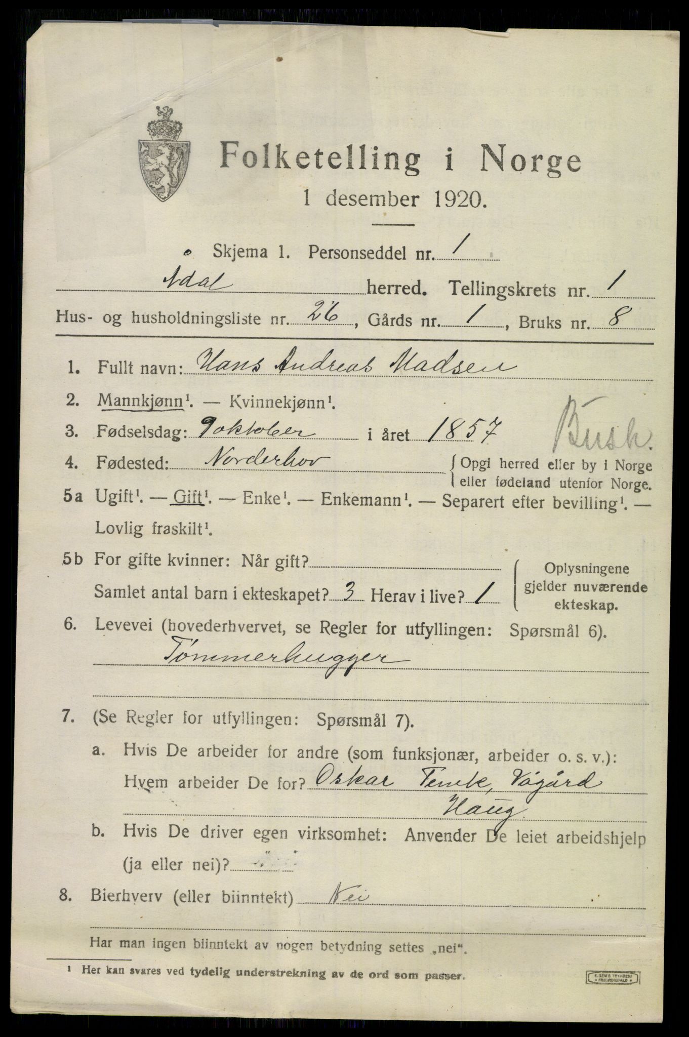 SAKO, 1920 census for Ådal, 1920, p. 1610