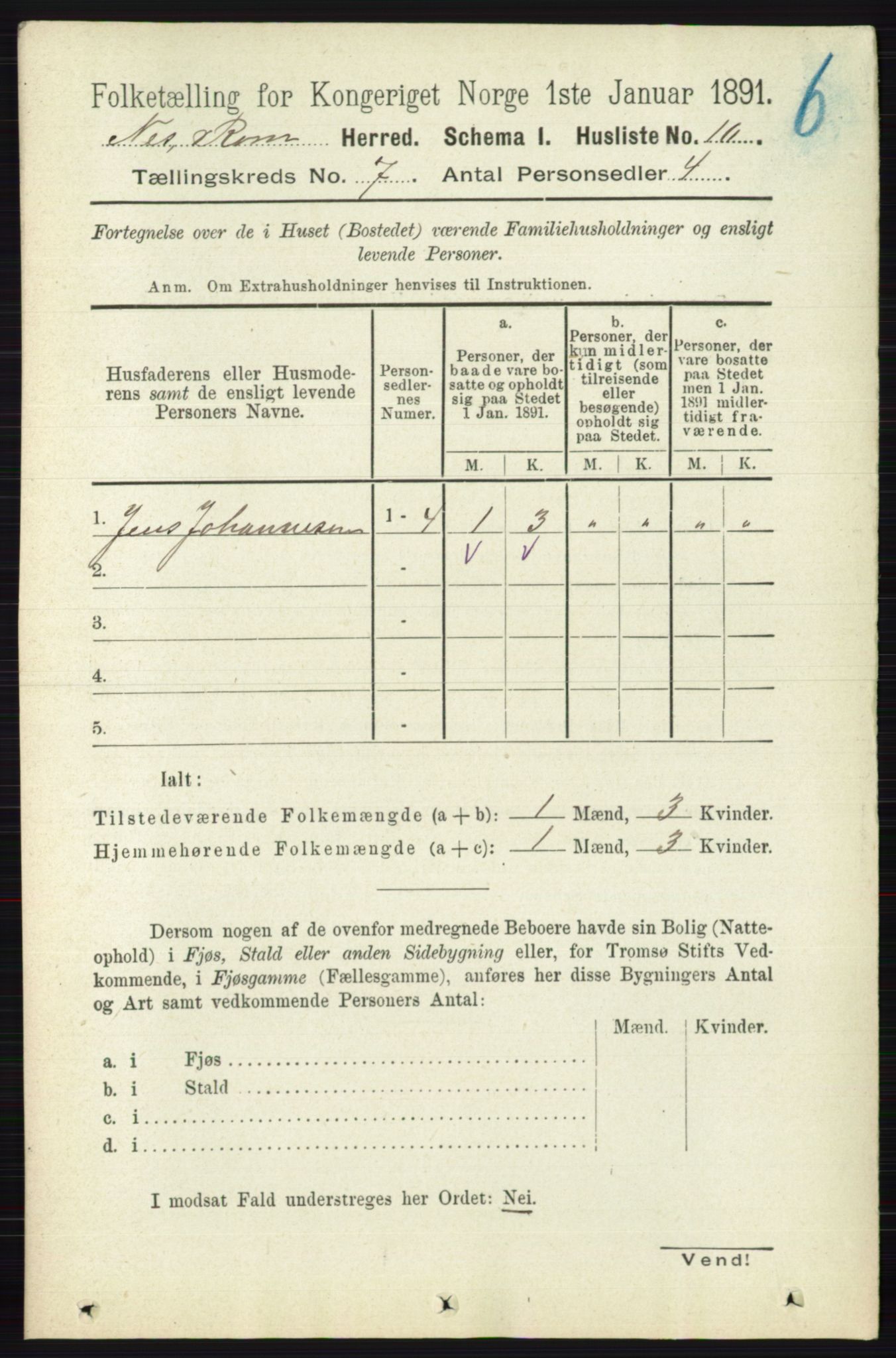 RA, 1891 census for 0236 Nes, 1891, p. 3951