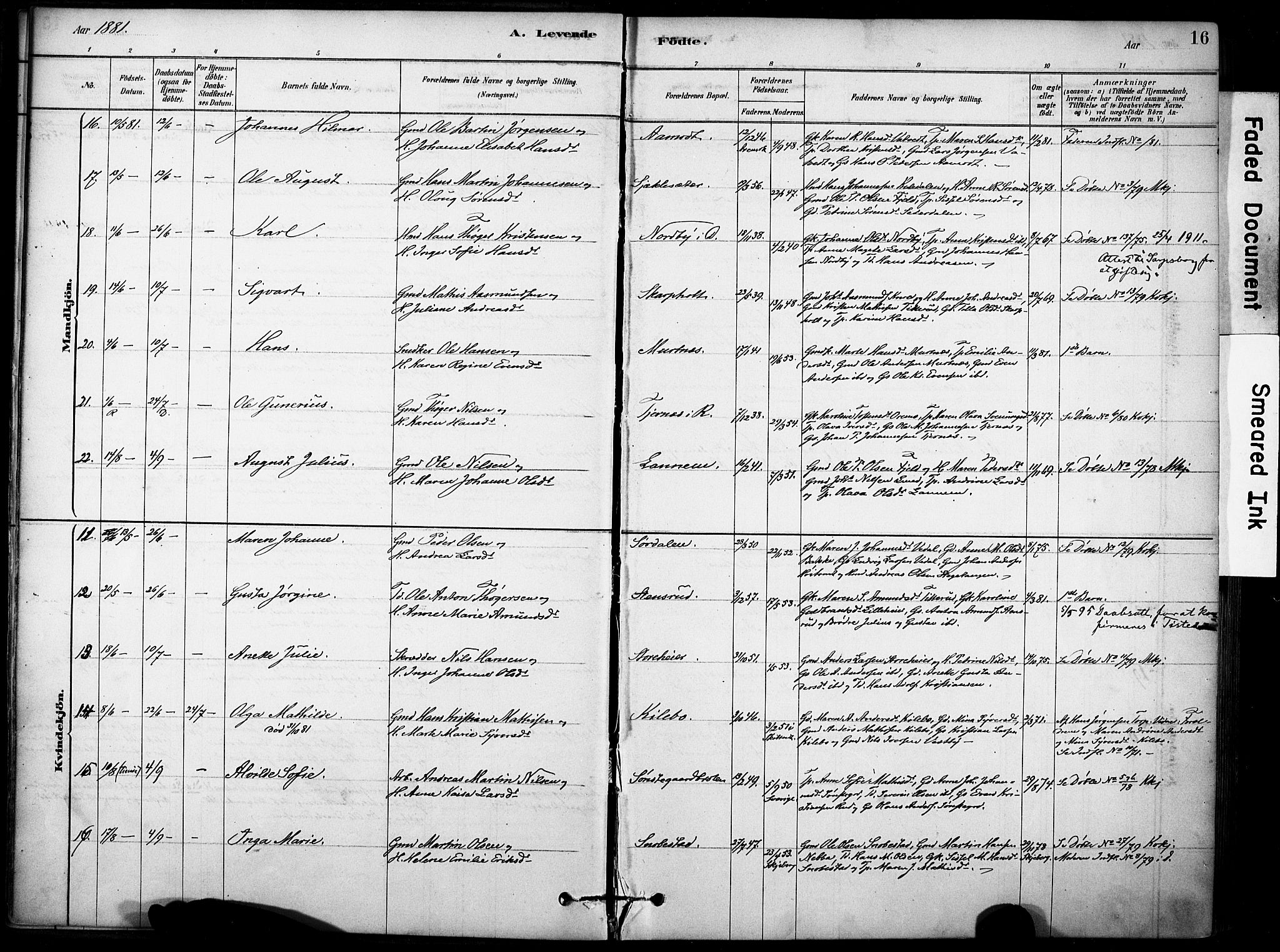 Rakkestad prestekontor Kirkebøker, AV/SAO-A-2008/F/Fb/L0001: Parish register (official) no. II 1, 1878-1899, p. 16