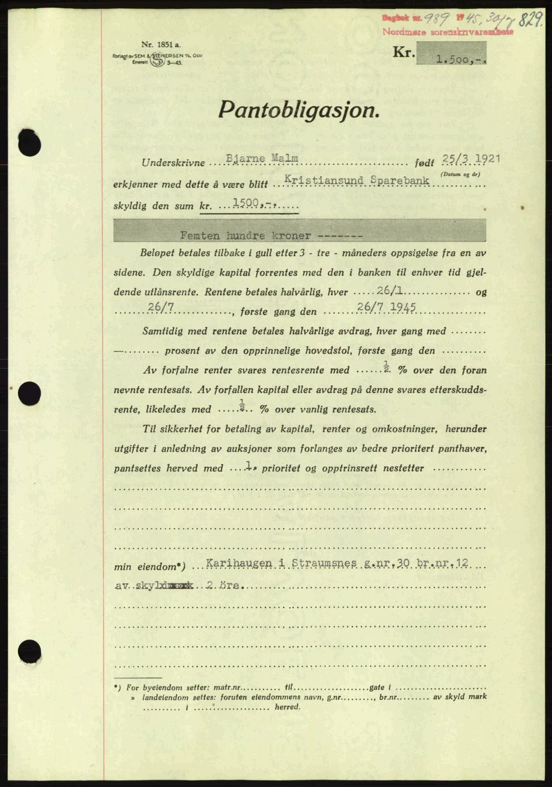 Nordmøre sorenskriveri, AV/SAT-A-4132/1/2/2Ca: Mortgage book no. B92, 1944-1945, Diary no: : 989/1945