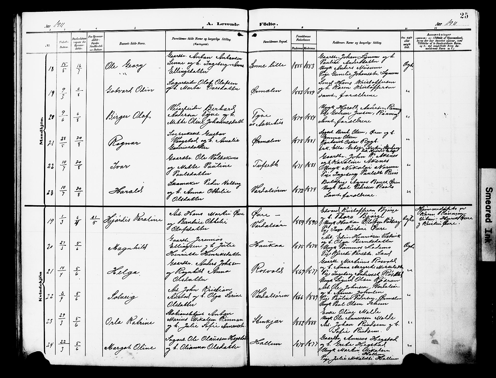 Ministerialprotokoller, klokkerbøker og fødselsregistre - Nord-Trøndelag, AV/SAT-A-1458/723/L0258: Parish register (copy) no. 723C06, 1908-1927, p. 25