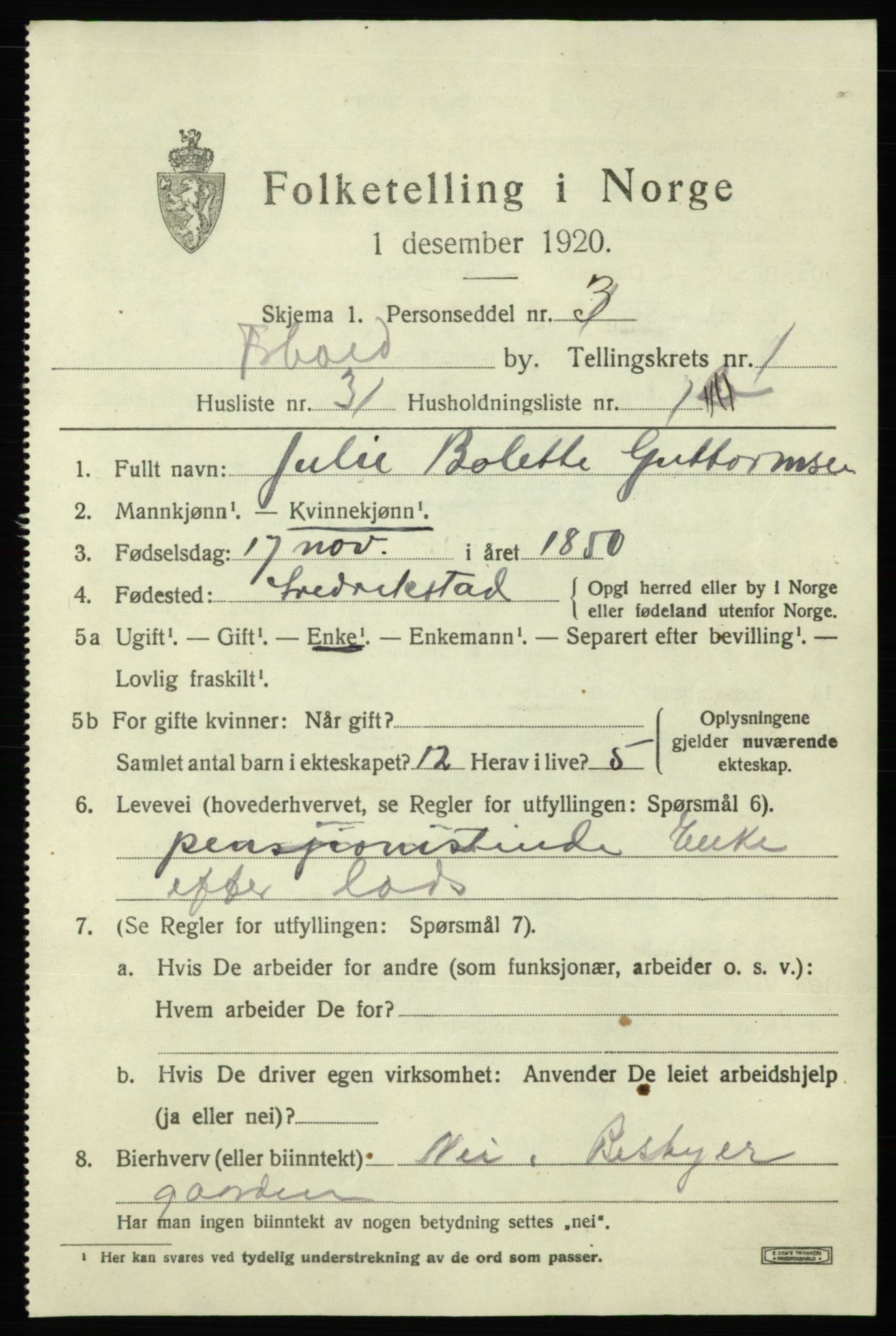 SAO, 1920 census for Fredrikshald, 1920, p. 8644