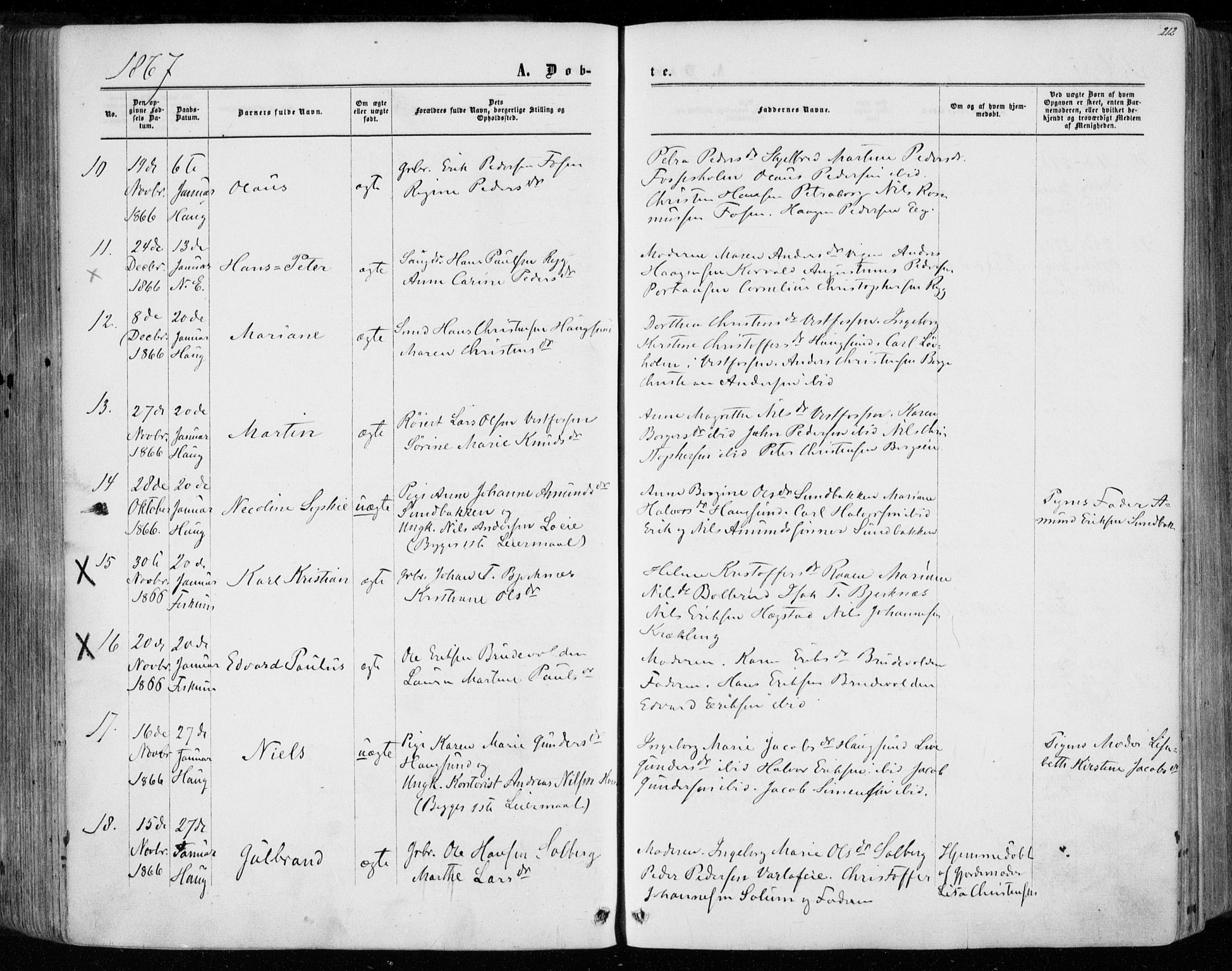 Eiker kirkebøker, SAKO/A-4/F/Fa/L0016: Parish register (official) no. I 16, 1860-1868, p. 212
