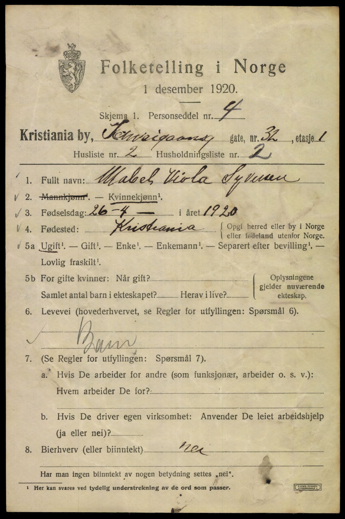 SAO, 1920 census for Kristiania, 1920, p. 492487