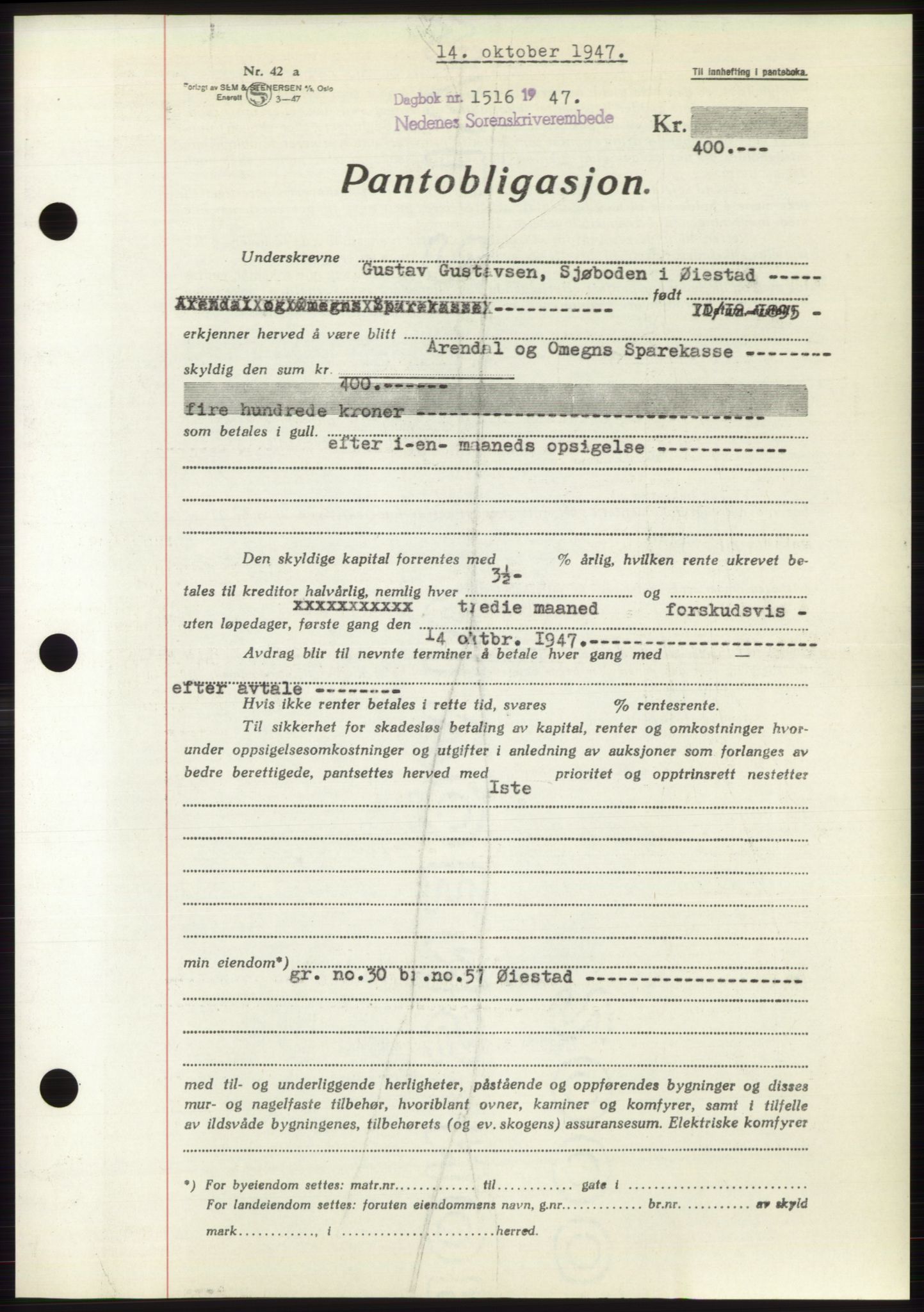 Nedenes sorenskriveri, AV/SAK-1221-0006/G/Gb/Gbb/L0004: Mortgage book no. B4, 1947-1947, Diary no: : 1516/1947