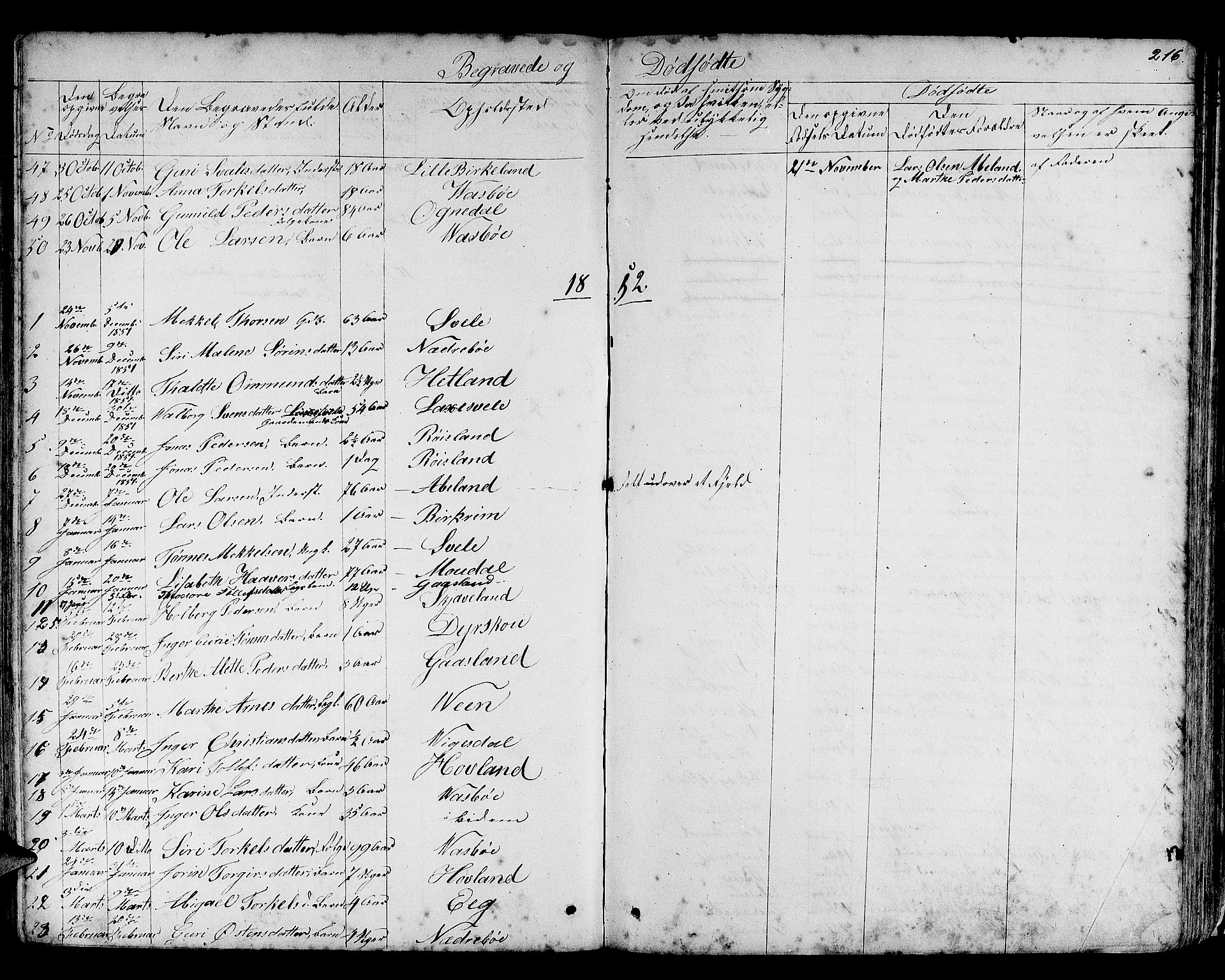 Helleland sokneprestkontor, AV/SAST-A-101810: Parish register (copy) no. B 3, 1847-1886, p. 216