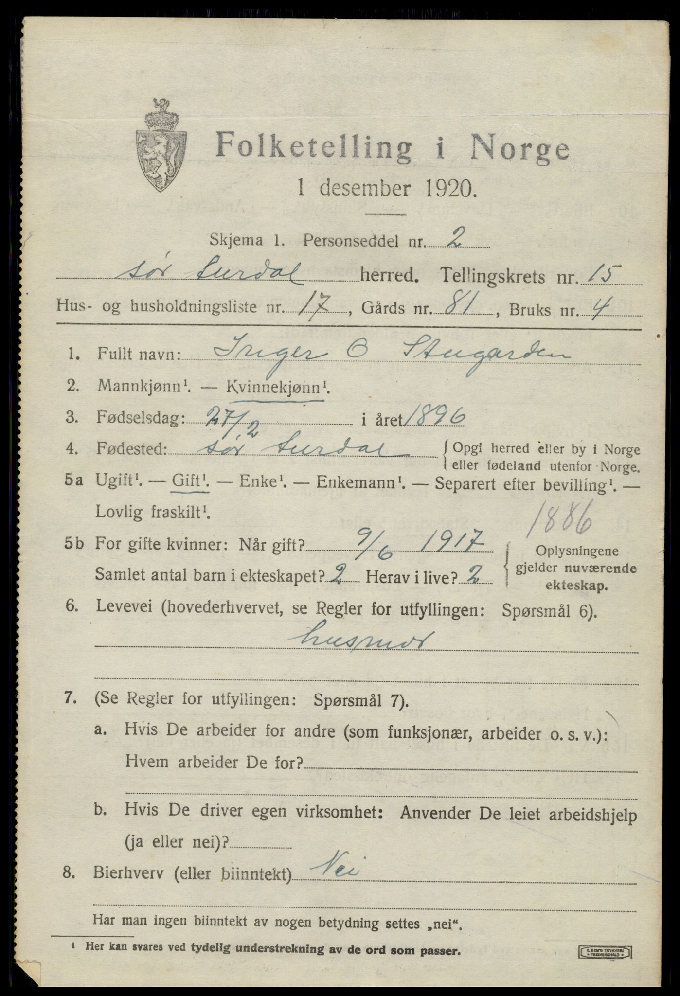 SAH, 1920 census for Sør-Aurdal, 1920, p. 8399