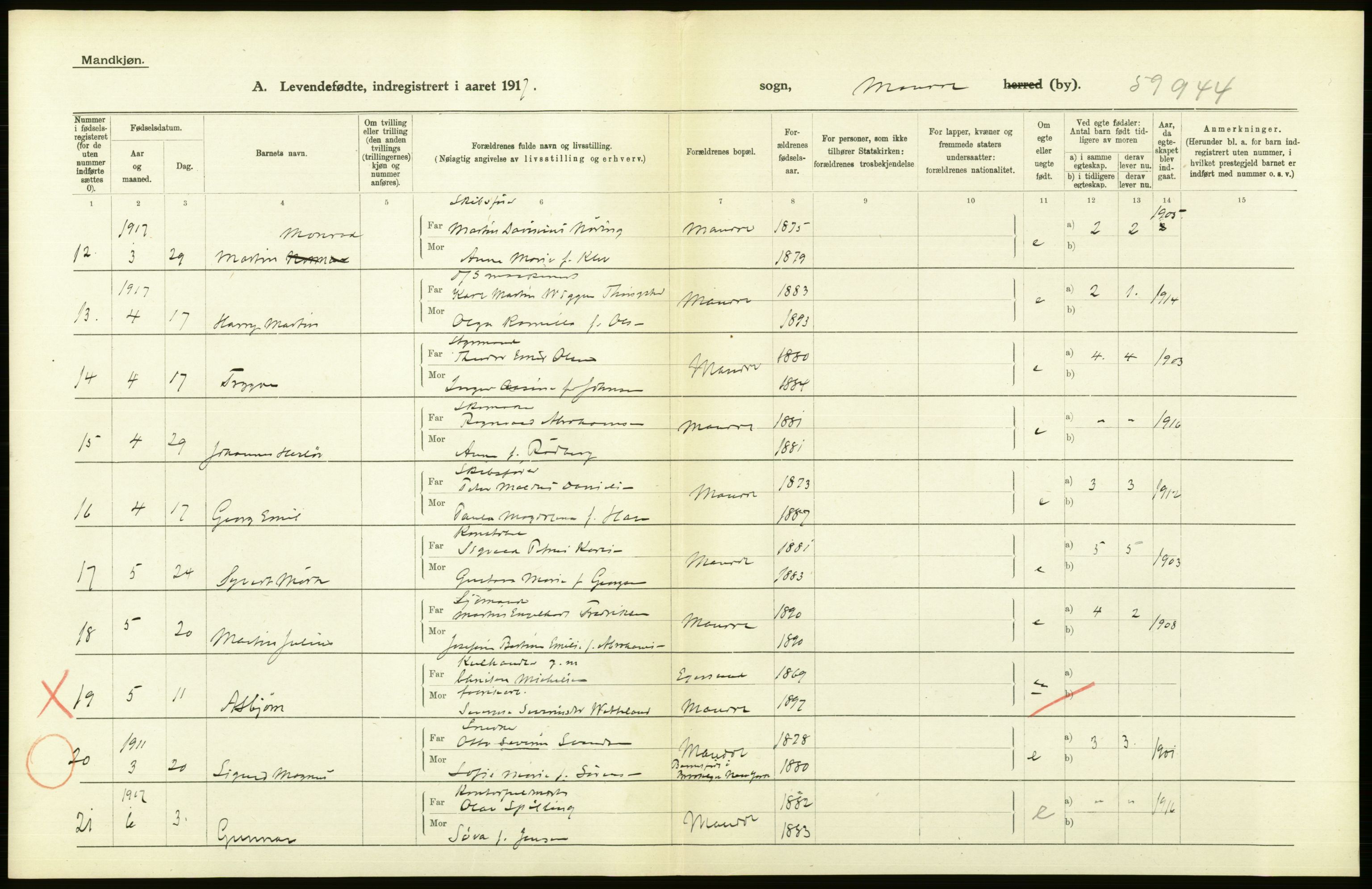 Statistisk sentralbyrå, Sosiodemografiske emner, Befolkning, AV/RA-S-2228/D/Df/Dfb/Dfbg/L0029: Lister og Mandals amt: Levendefødte menn og kvinner. Bygder og byer., 1917, p. 94