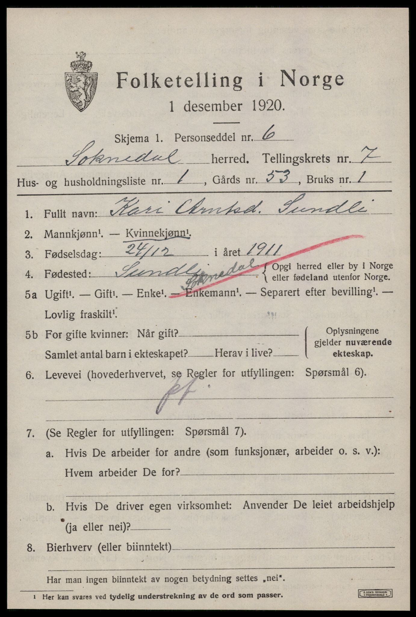 SAT, 1920 census for Soknedal, 1920, p. 3456