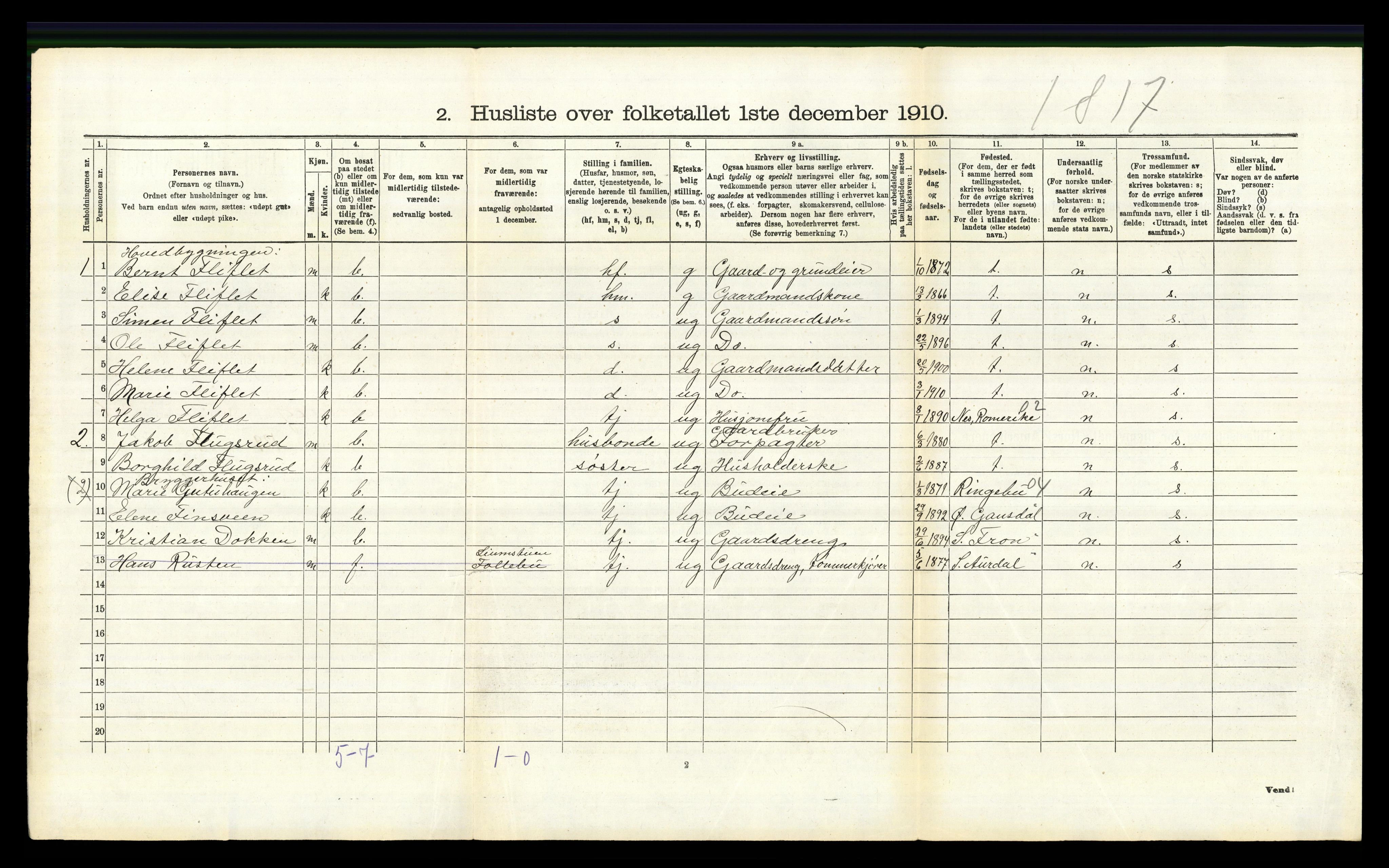 RA, 1910 census for Fåberg, 1910, p. 695